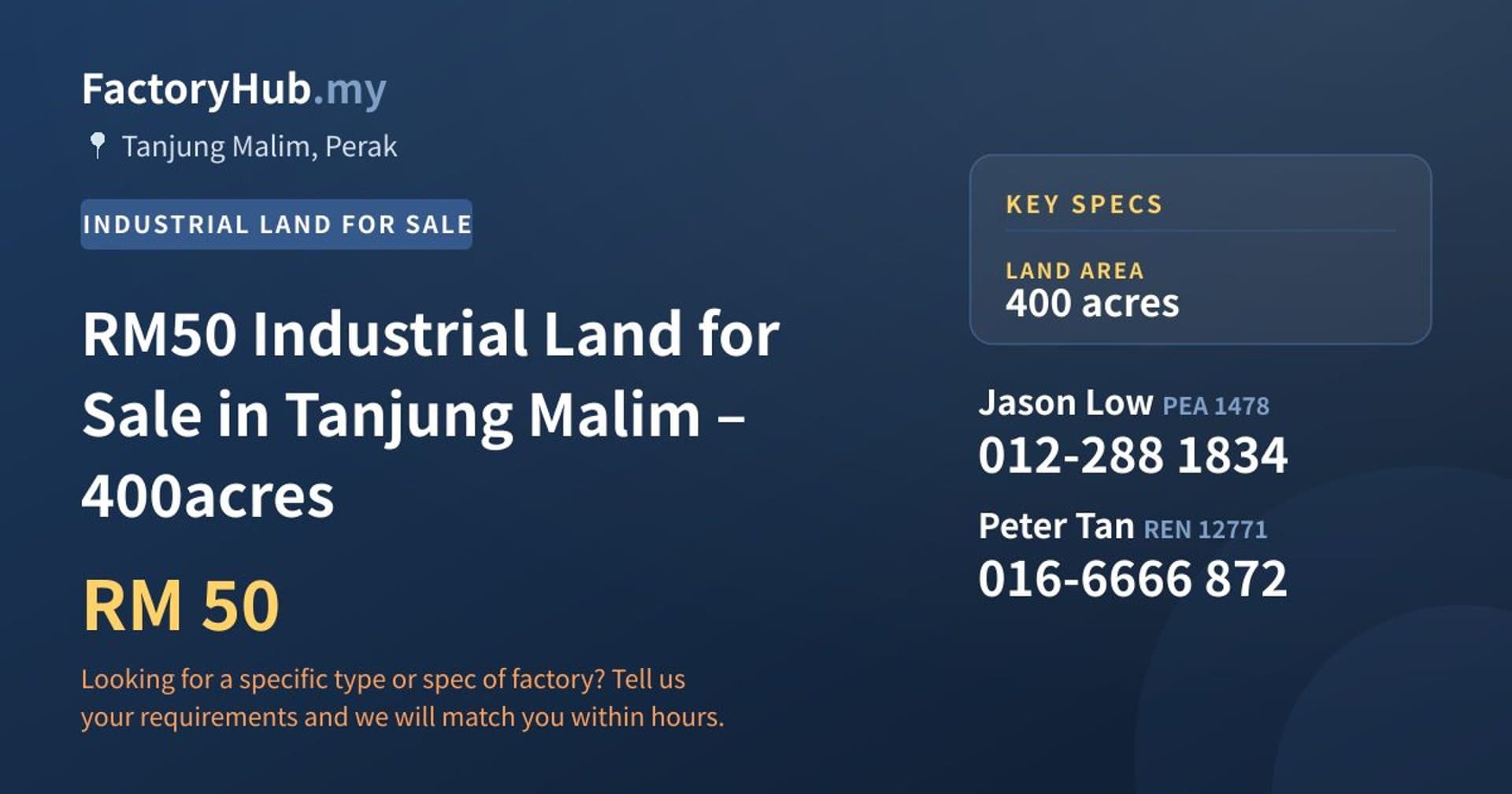 RM50 Industrial Land for Sale in Tanjung Malim – 400acres - Property image 1 of 7