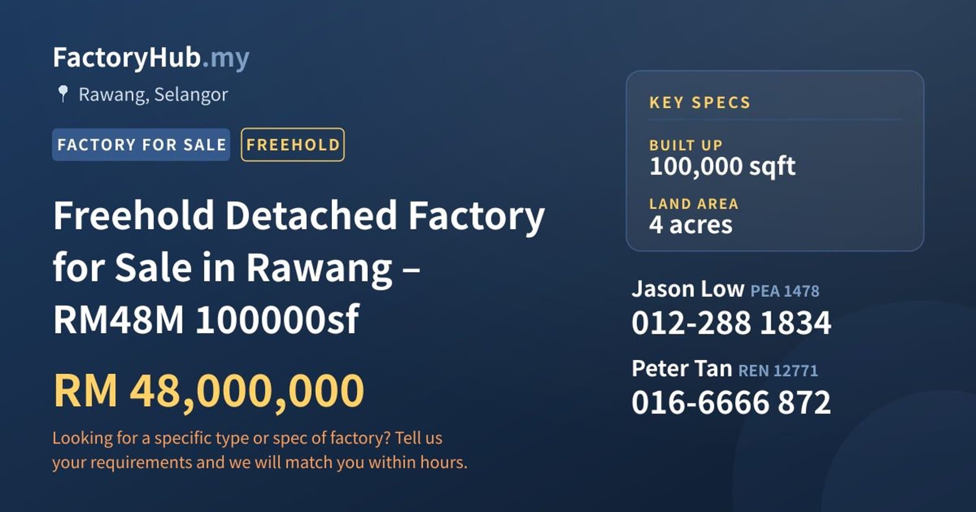 Freehold Detached Factory for Sale in Rawang – RM48M 100000sf - Property image 1 of 7