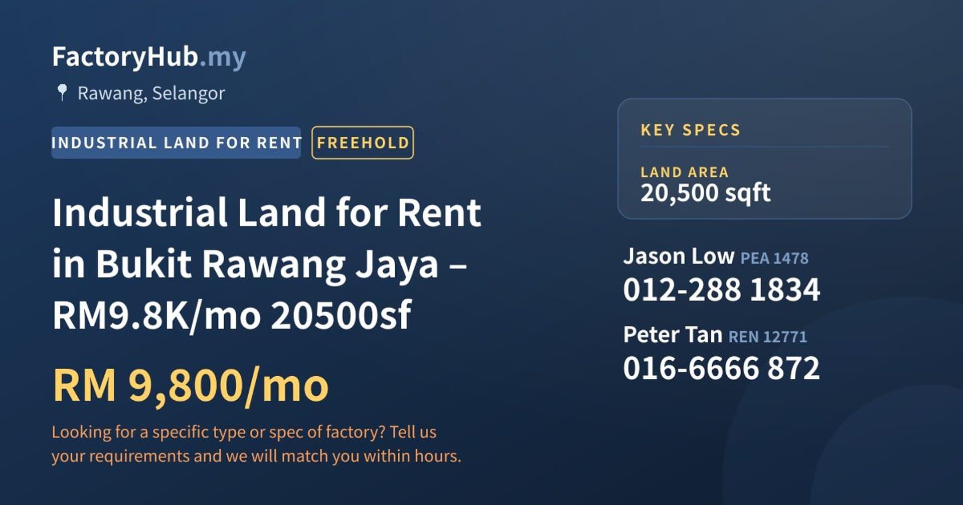 Industrial Land for Rent in Bukit Rawang Jaya – RM9.8K/mo 20500sf - Property image 1 of 7