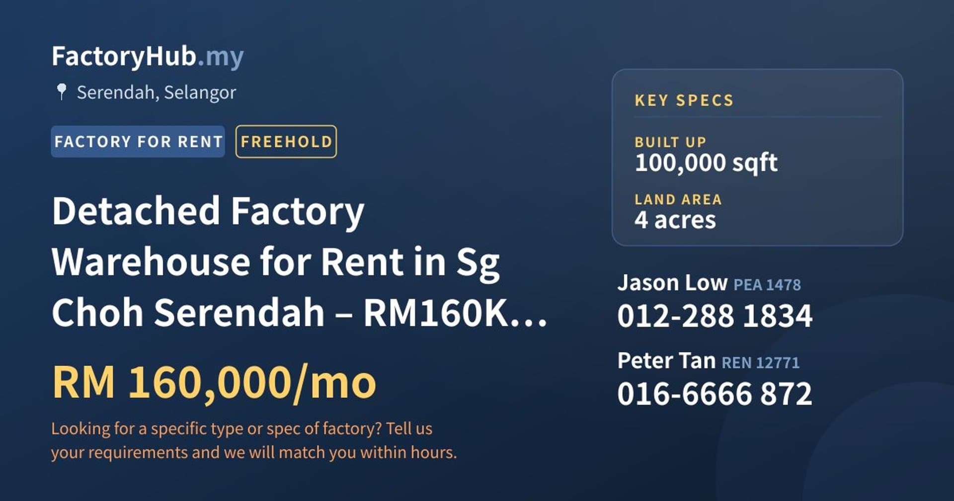 Detached Factory Warehouse for Rent in Sg Choh Serendah – RM160K/mo 100000sf - Property image 1 of 7