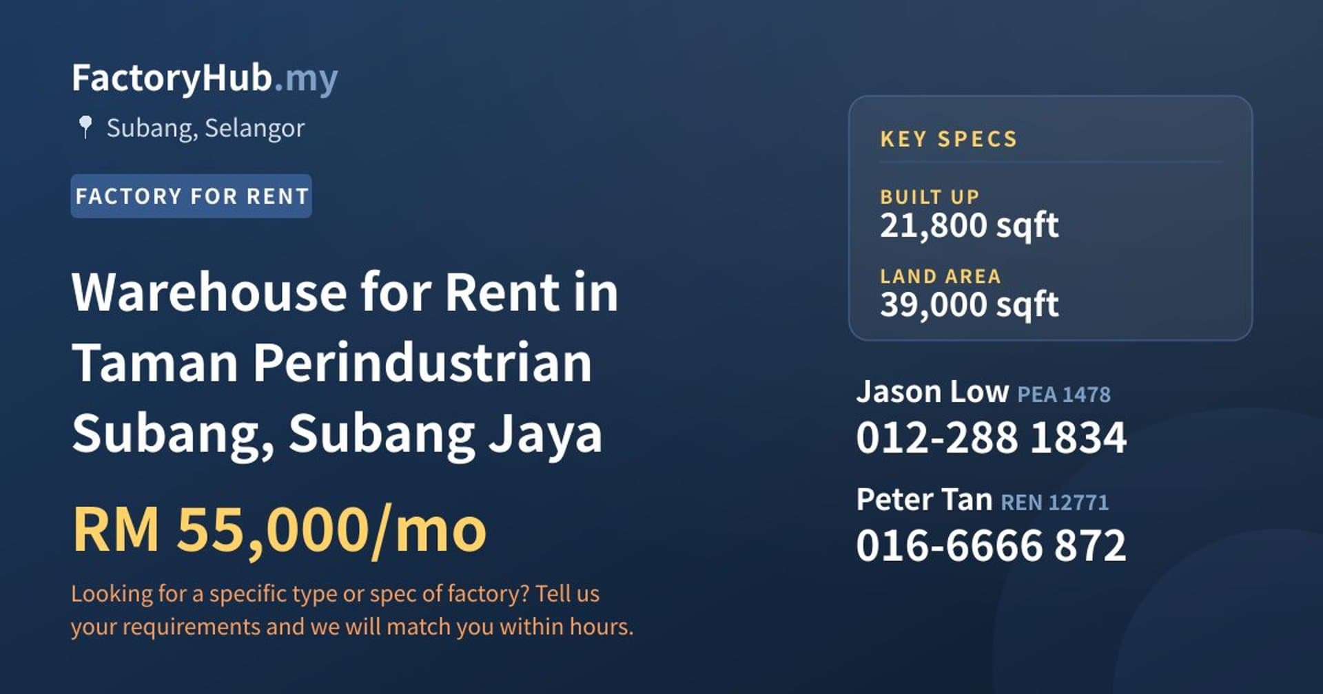 Warehouse for Rent in Taman Perindustrian Subang, Subang Jaya - Property image 1 of 2