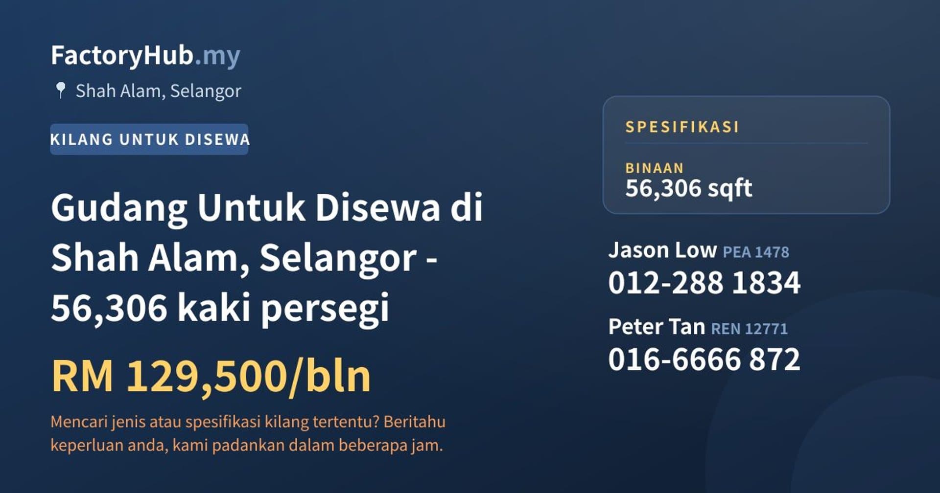 Gudang Untuk Disewa di Shah Alam, Selangor - 56,306 kaki persegi · Imej hartanah 1/2