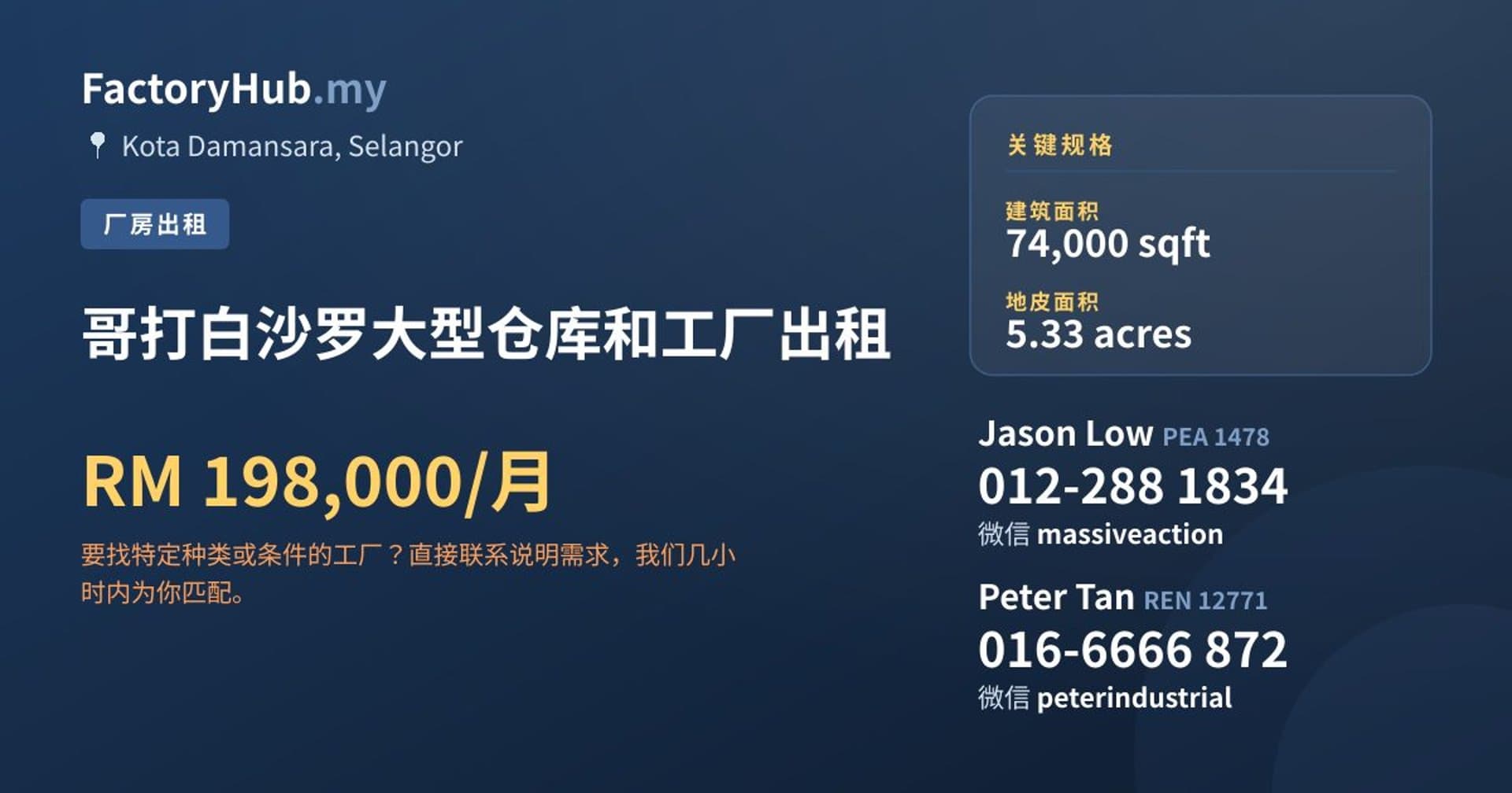 哥打白沙罗大型仓库和工厂出租 · 房源图片 1/2