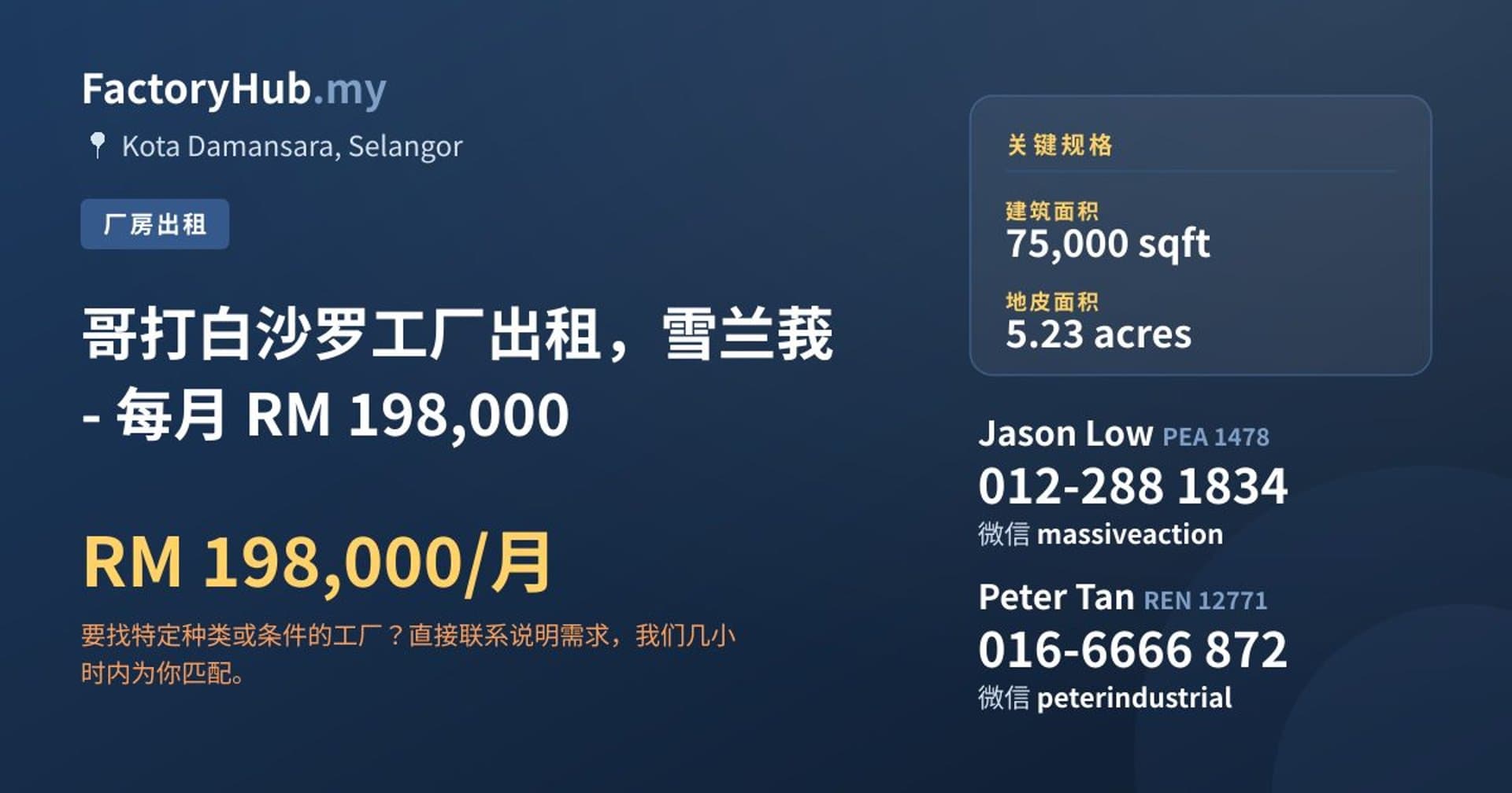 哥打白沙罗工厂出租，雪兰莪 - 每月 RM 198,000 · 房源图片 1/2