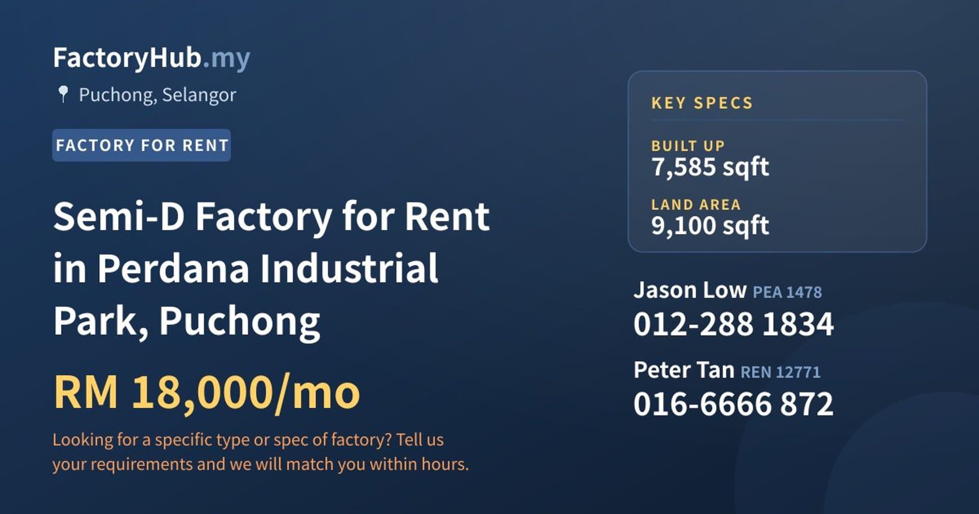 Semi-D Factory for Rent in Perdana Industrial Park, Puchong - Property image 1 of 2