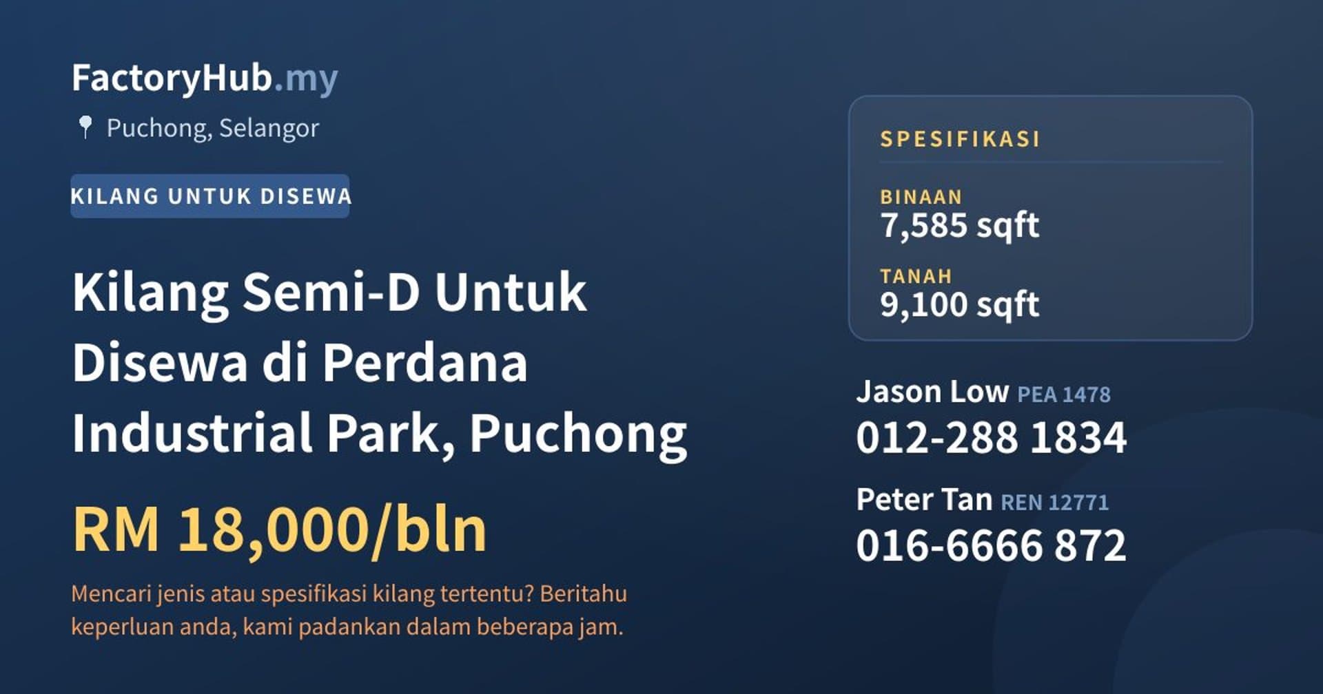 Kilang Semi-D Untuk Disewa di Perdana Industrial Park, Puchong · Imej hartanah 1/2