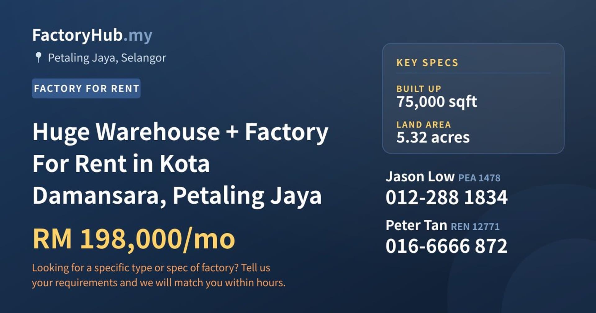 Huge Warehouse + Factory For Rent in Kota Damansara, Petaling Jaya - Property image 1 of 2