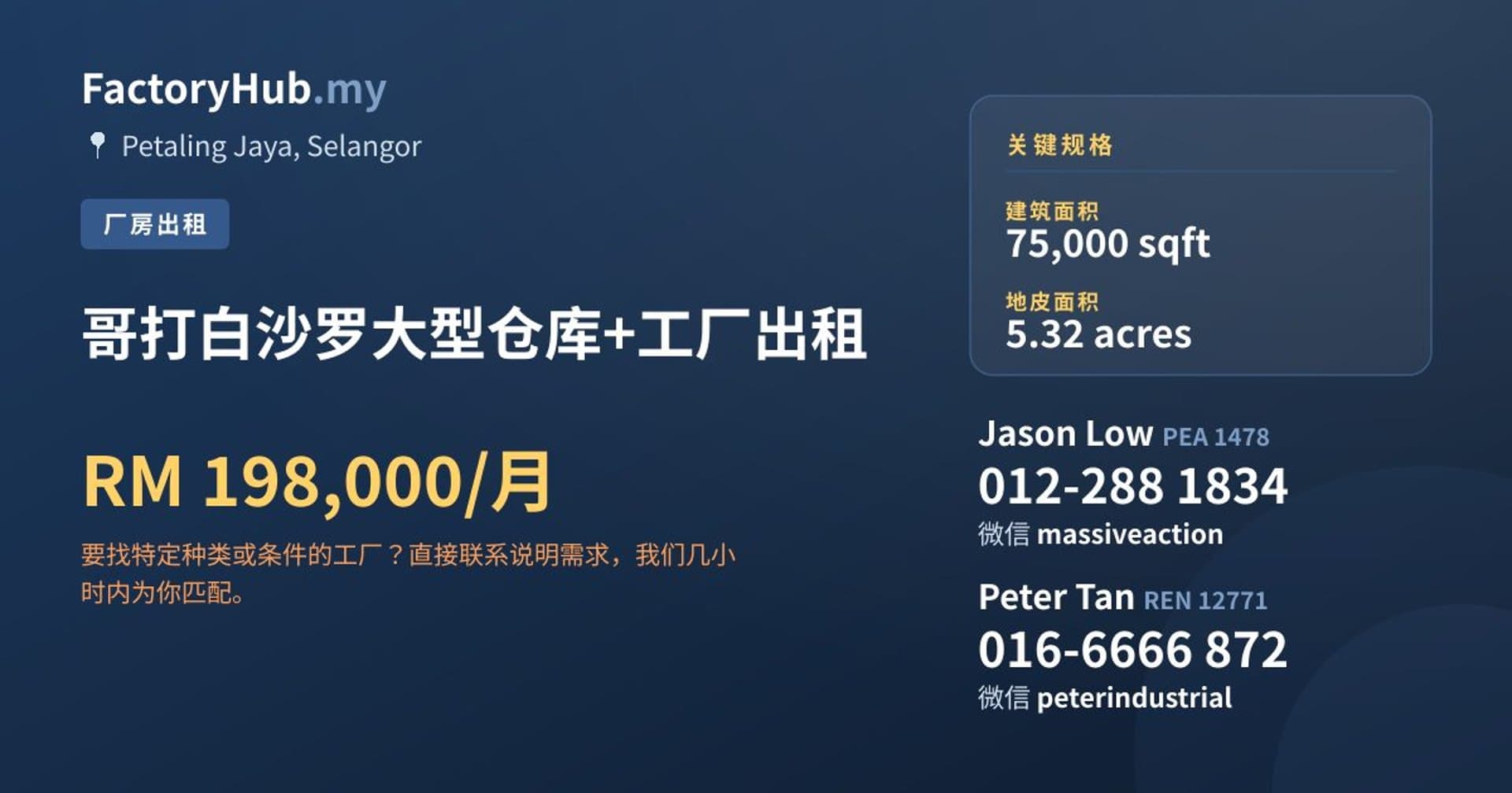 哥打白沙罗大型仓库+工厂出租 · 房源图片 1/2