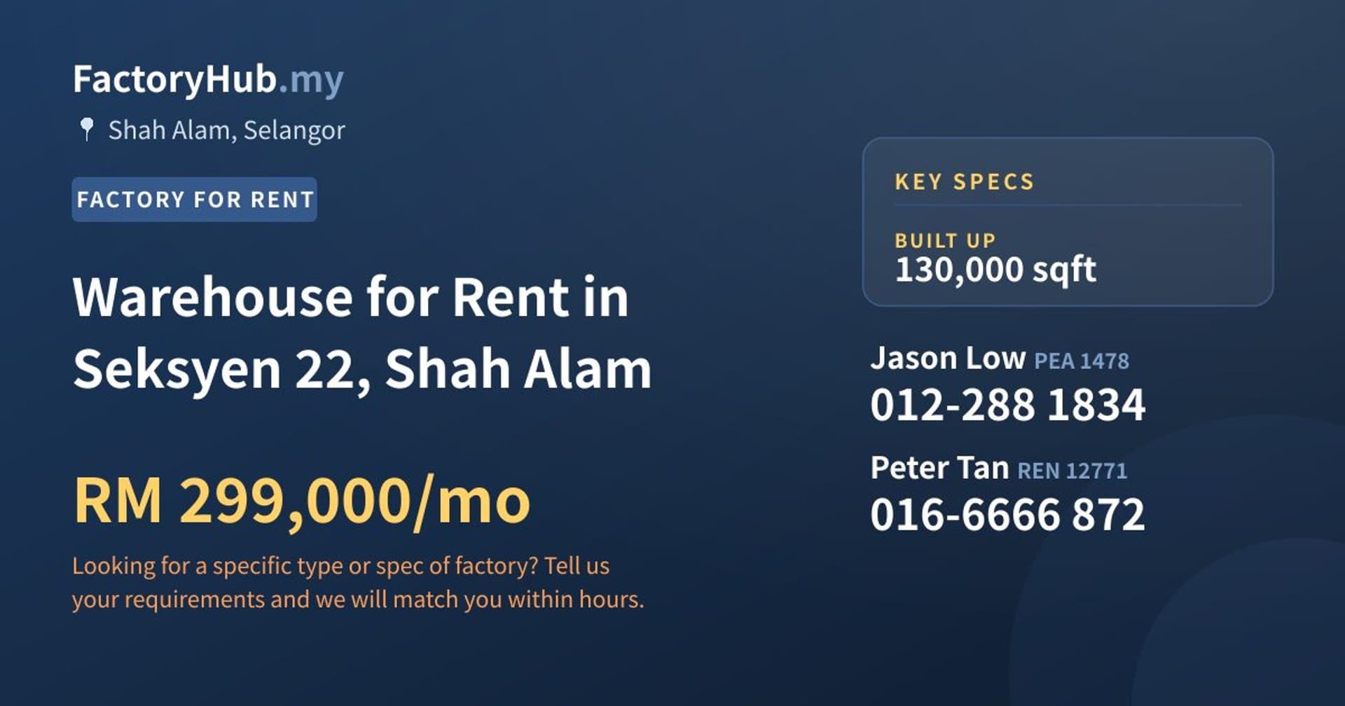 Warehouse for Rent in Seksyen 22, Shah Alam - Property image 1 of 2
