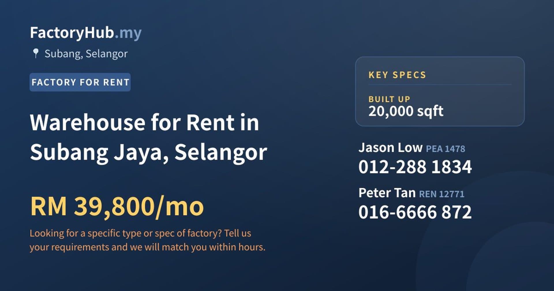 Warehouse for Rent in Subang Jaya, Selangor - Property image 1 of 2