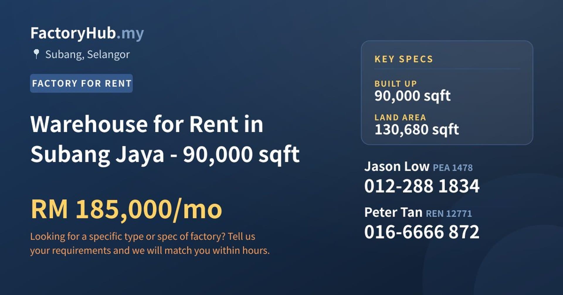 Warehouse for Rent in Subang Jaya - 90,000 sqft - Property image 1 of 2