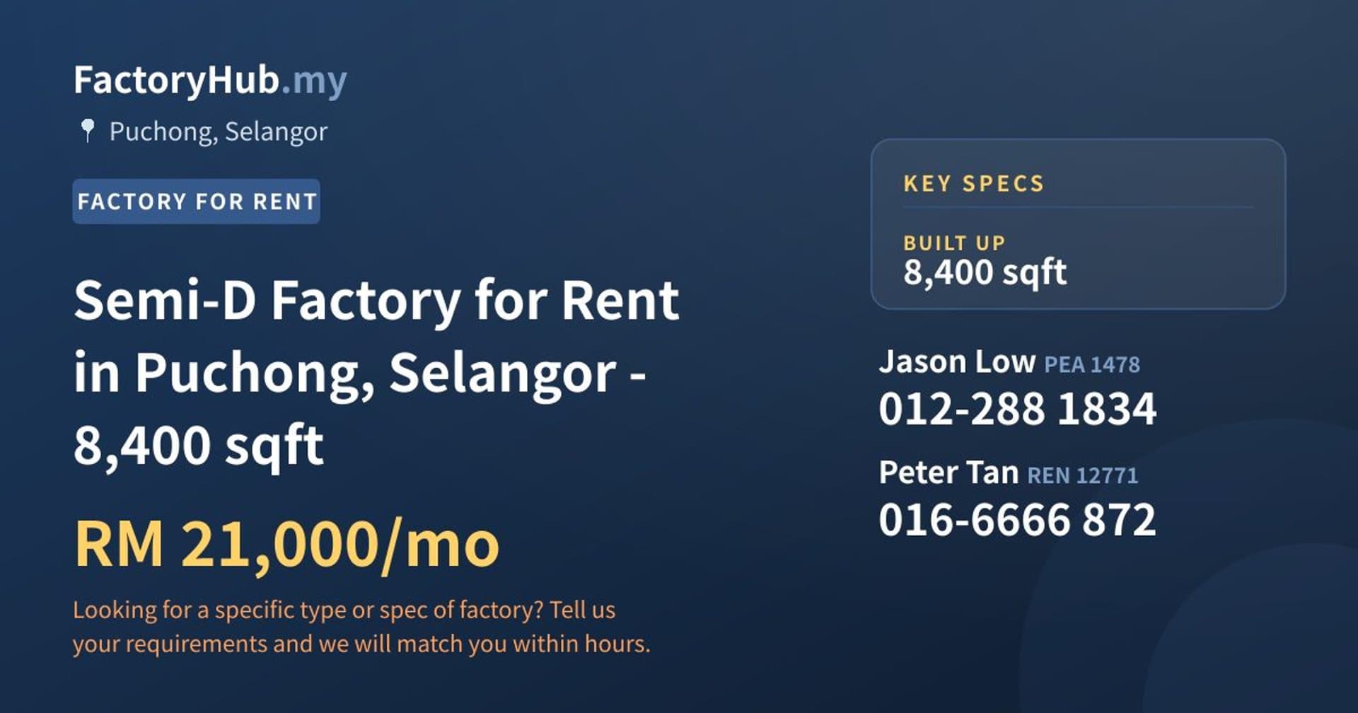 Semi-D Factory for Rent in Puchong, Selangor - 8,400 sqft - Property image 1 of 2