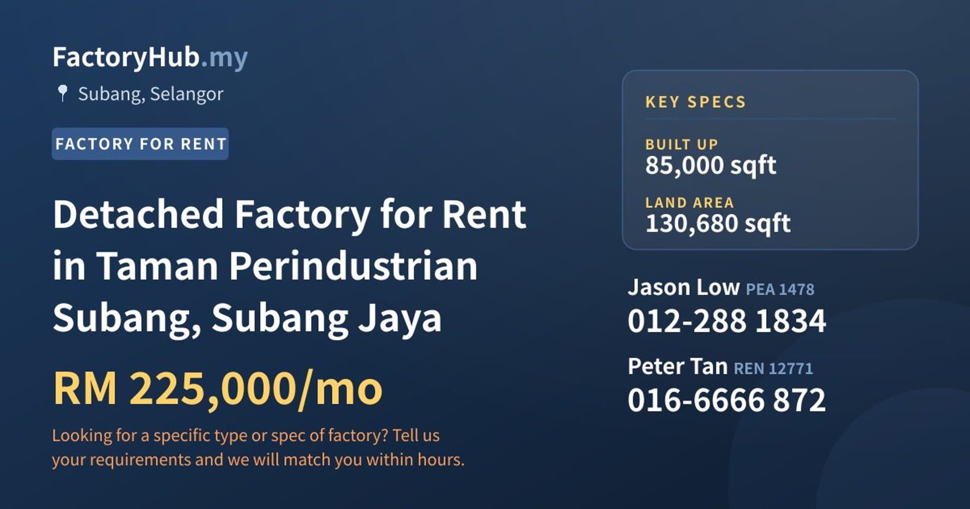 Detached Factory for Rent in Taman Perindustrian Subang, Subang Jaya - Property image 1 of 2