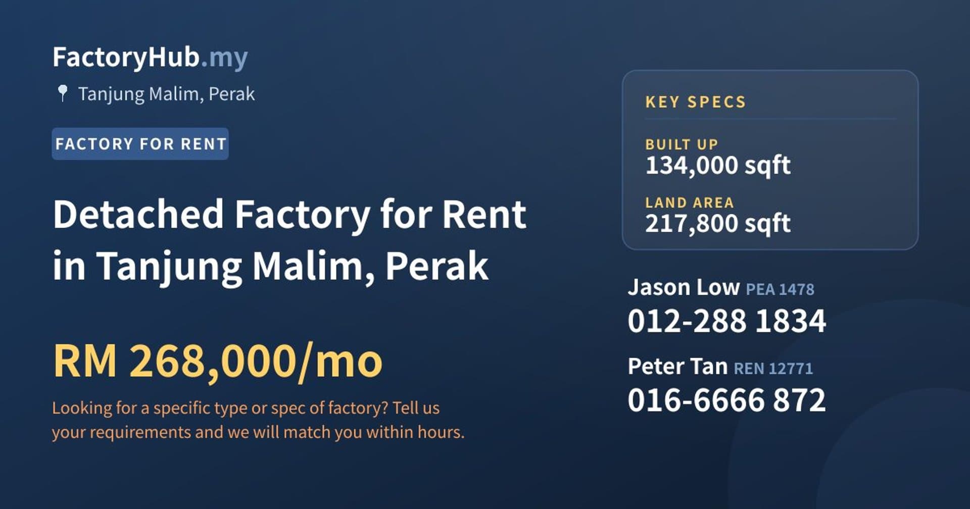 Detached Factory for Rent in Tanjung Malim, Perak - Property image 1 of 2