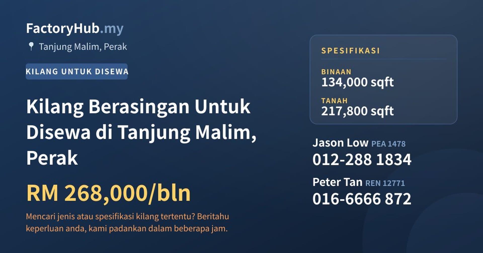 Kilang Berasingan Untuk Disewa di Tanjung Malim, Perak · Imej hartanah 1/2