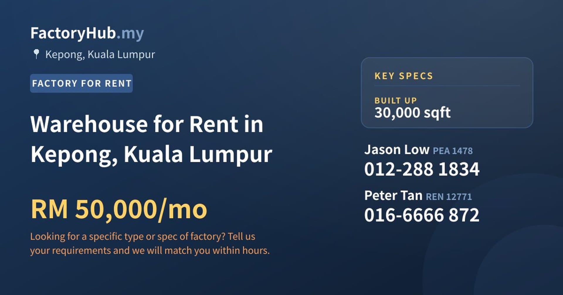 Warehouse for Rent in Kepong, Kuala Lumpur - Property image 1 of 2