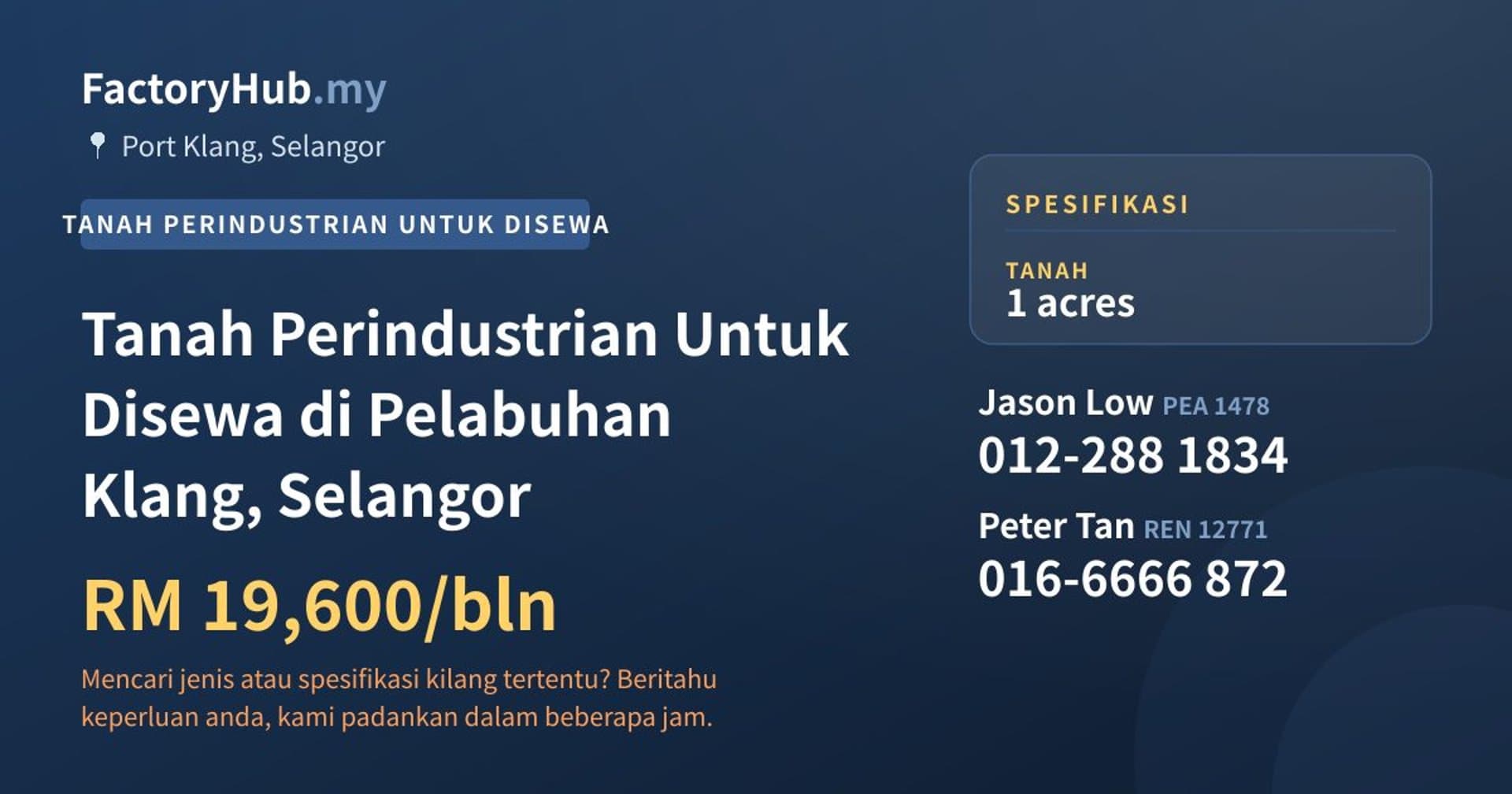 Tanah Perindustrian Untuk Disewa di Pelabuhan Klang, Selangor · Imej hartanah 1/2