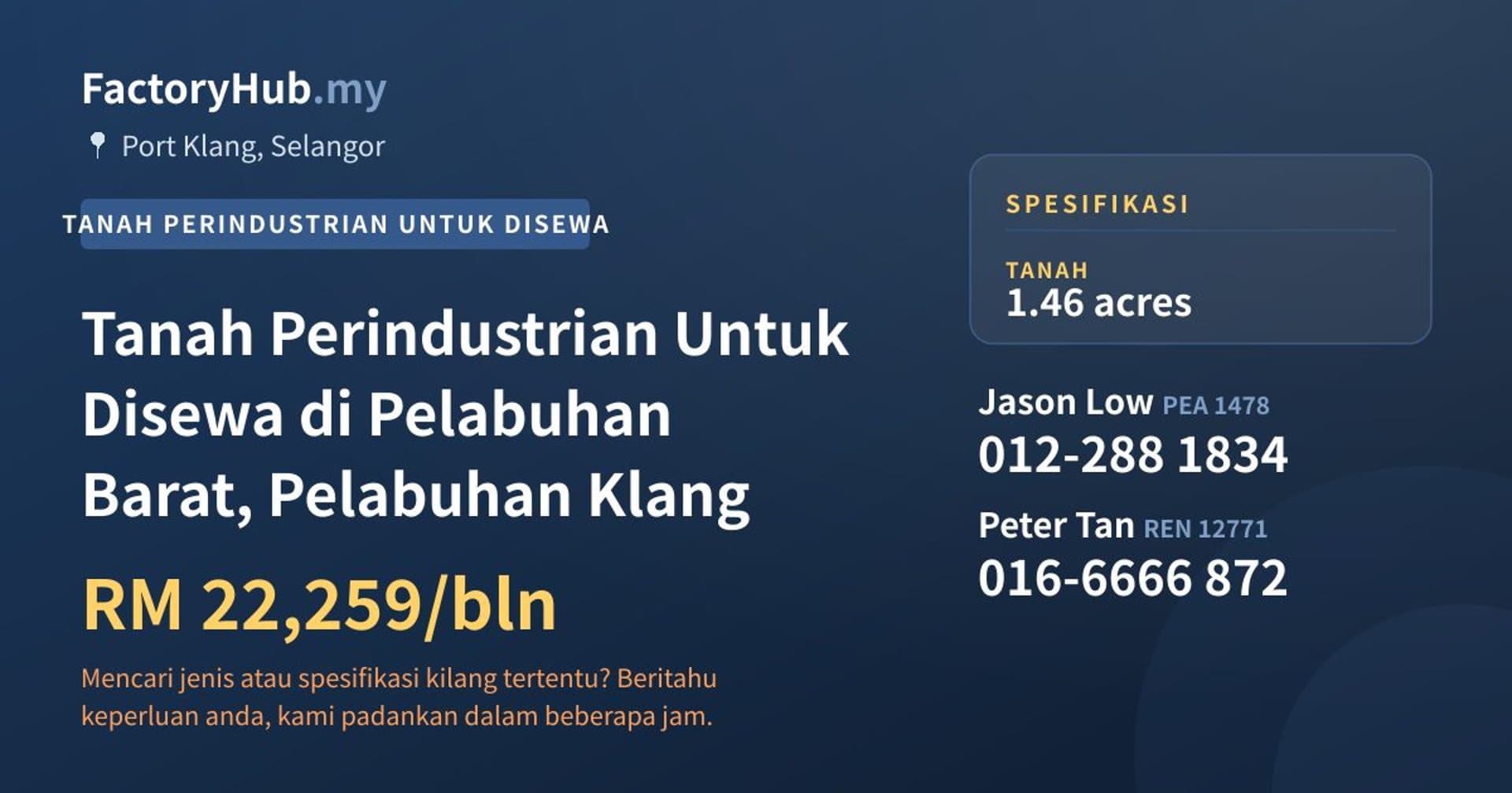 Tanah Perindustrian Untuk Disewa di Pelabuhan Barat, Pelabuhan Klang · Imej hartanah 1/2