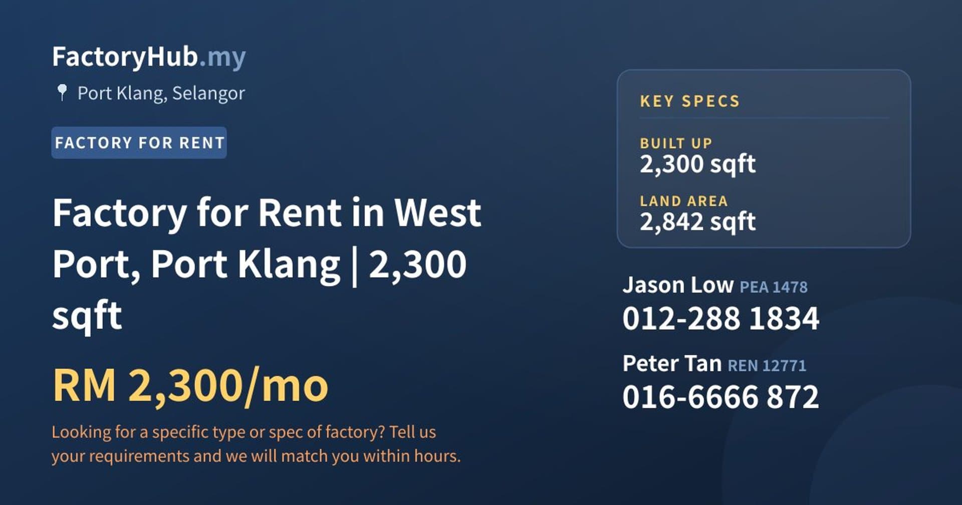Factory for Rent in West Port, Port Klang | 2,300 sqft - Property image 1 of 2
