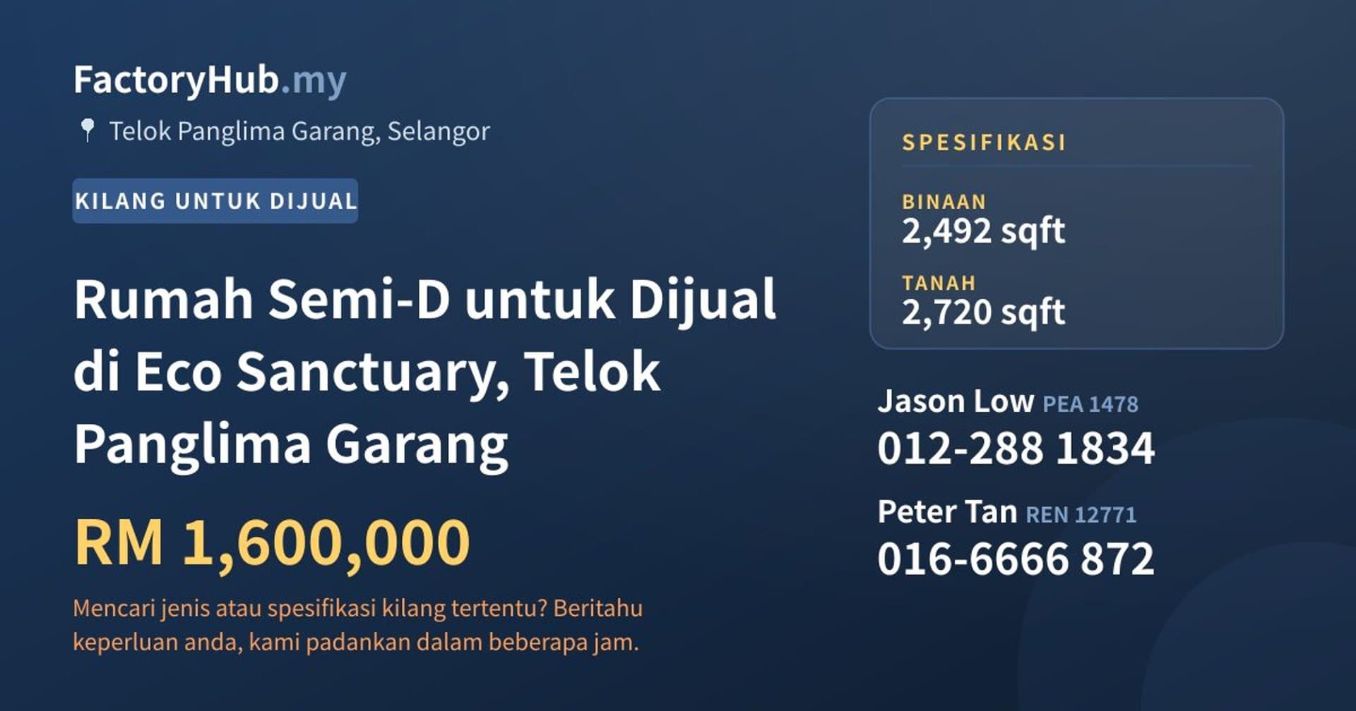 Rumah Semi-D untuk Dijual di Eco Sanctuary, Telok Panglima Garang · Imej hartanah 1/2