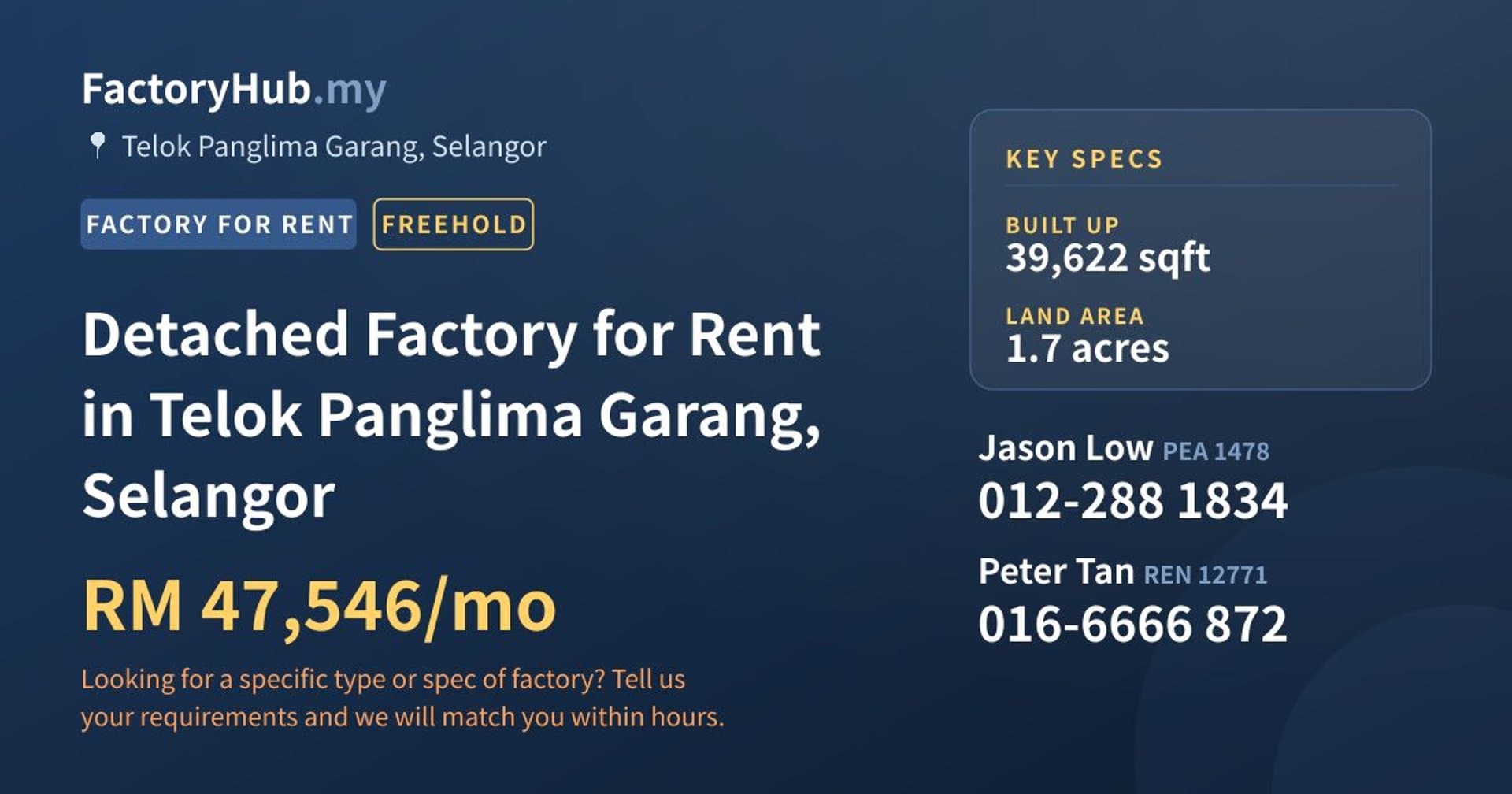 Detached Factory for Rent in Telok Panglima Garang, Selangor - Property image 1 of 2
