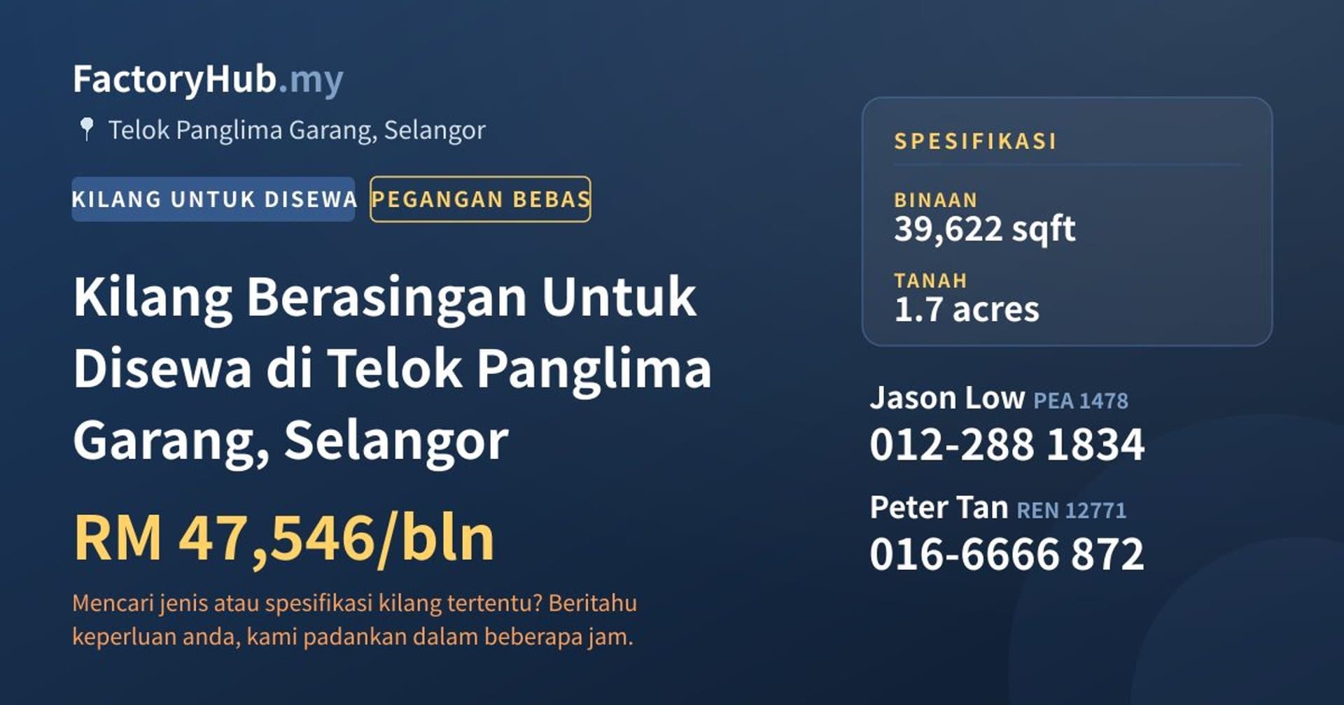 Kilang Berasingan Untuk Disewa di Telok Panglima Garang, Selangor · Imej hartanah 1/2