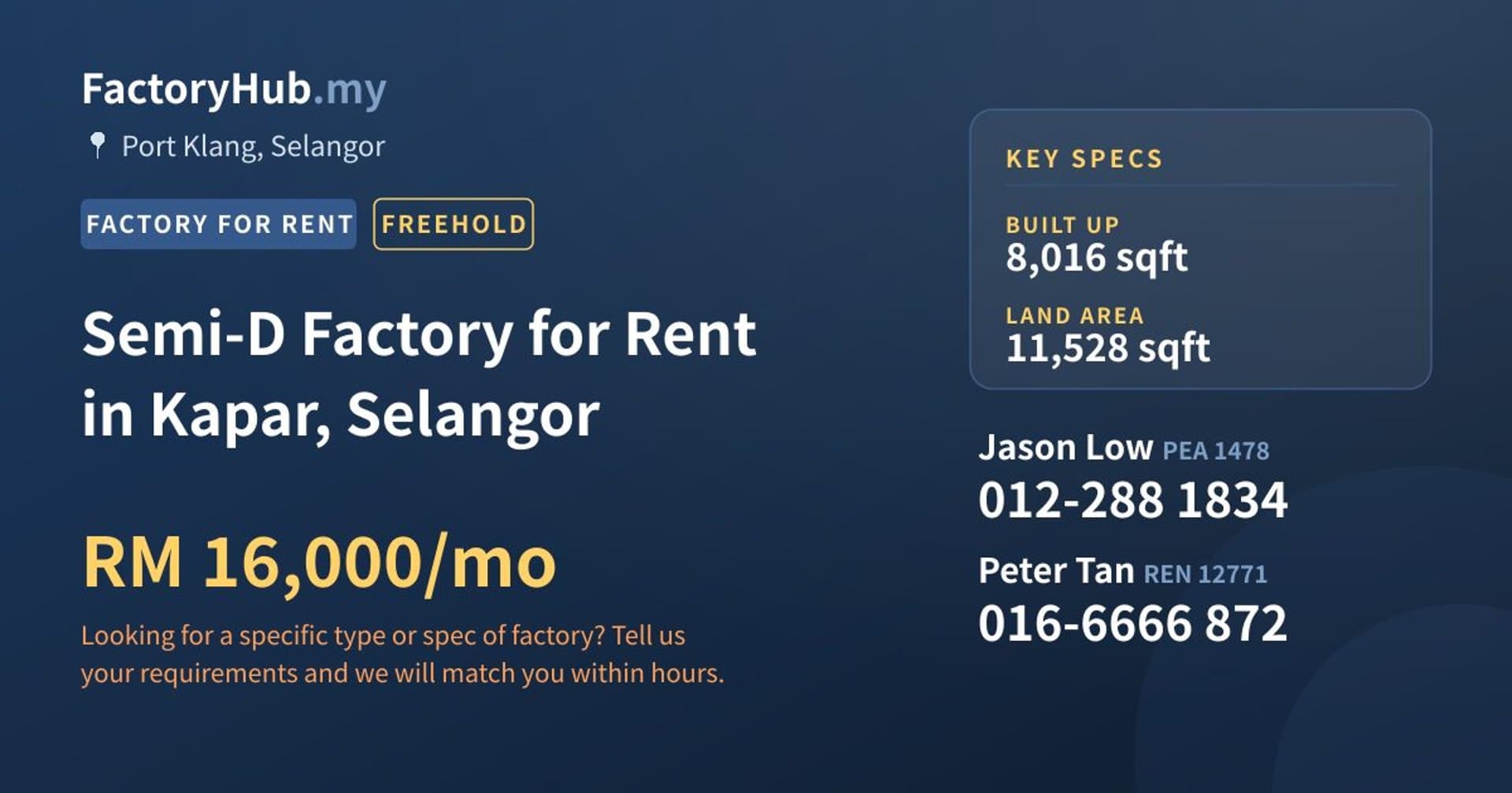 Semi-D Factory for Rent in Kapar, Selangor - Property image 1 of 2