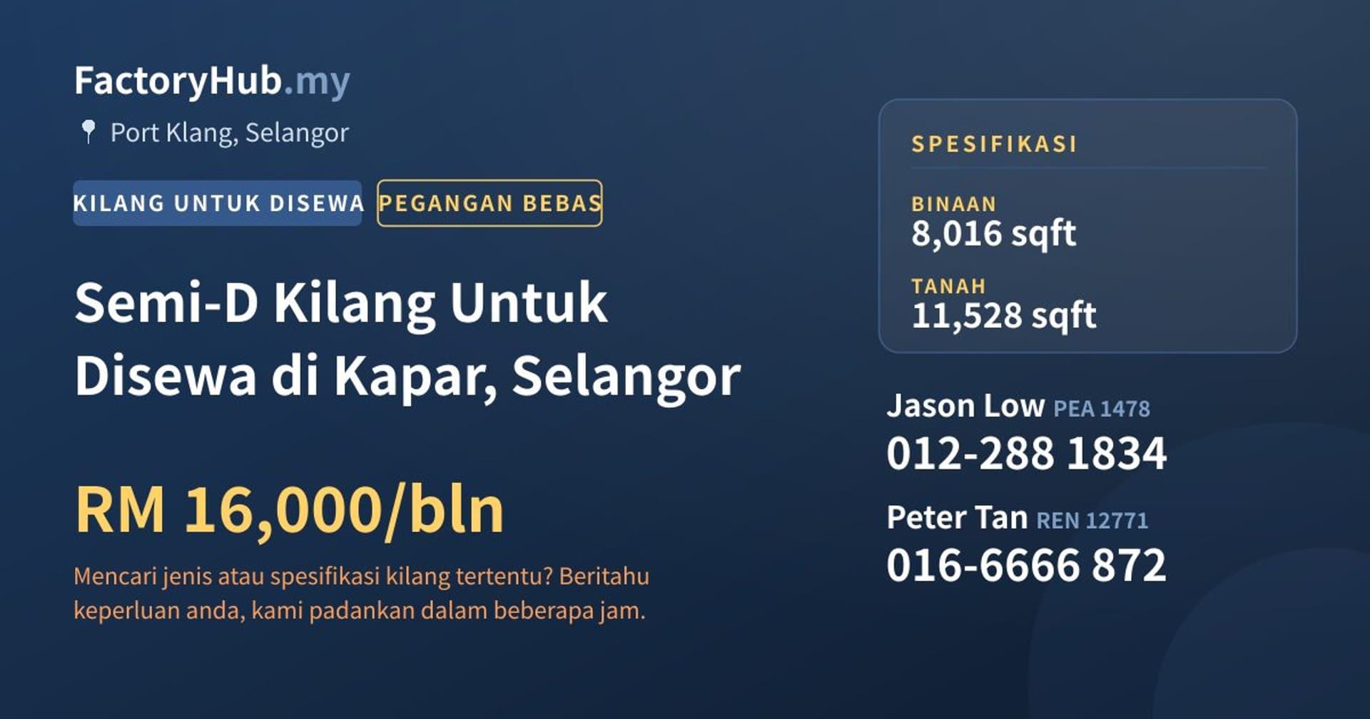 Semi-D Kilang Untuk Disewa di Kapar, Selangor · Imej hartanah 1/2