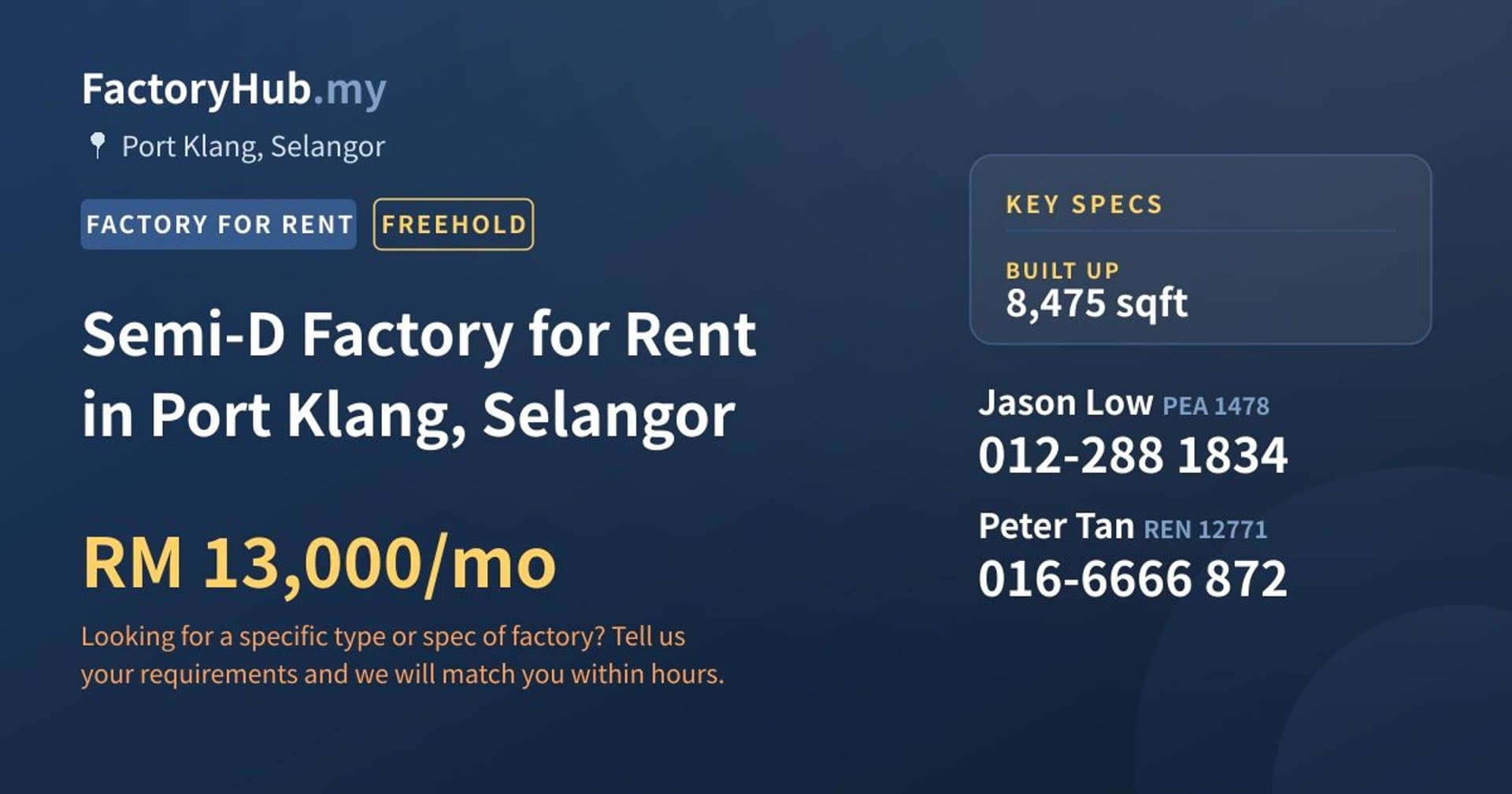Semi-D Factory for Rent in Port Klang, Selangor - Property image 1 of 2