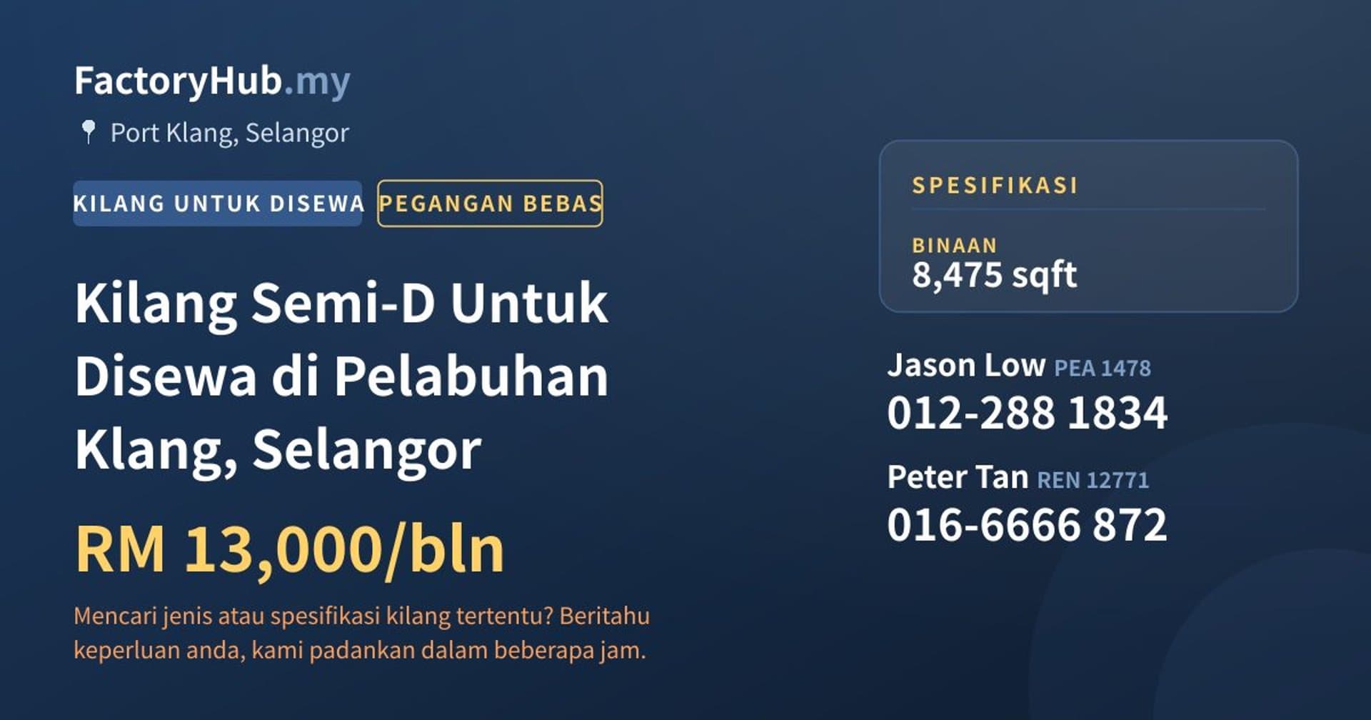 Kilang Semi-D Untuk Disewa di Pelabuhan Klang, Selangor · Imej hartanah 1/2
