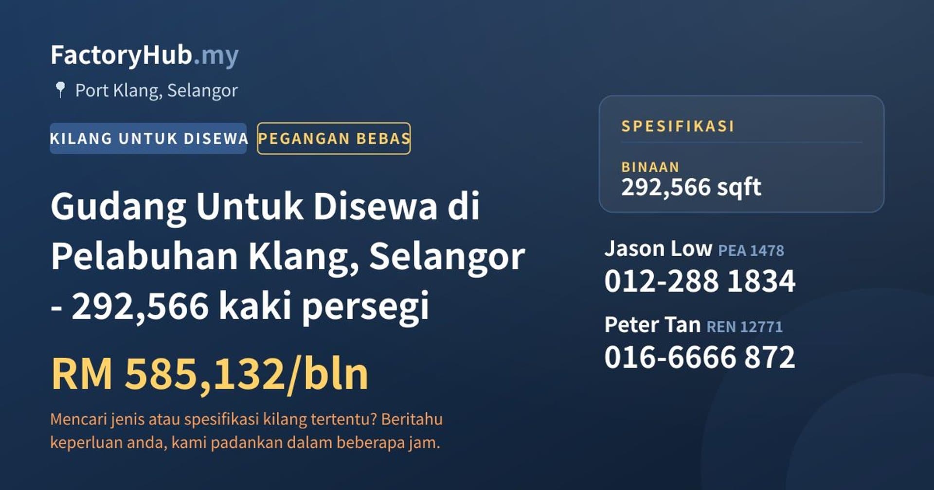 Gudang Untuk Disewa di Pelabuhan Klang, Selangor - 292,566 kaki persegi · Imej hartanah 1/2