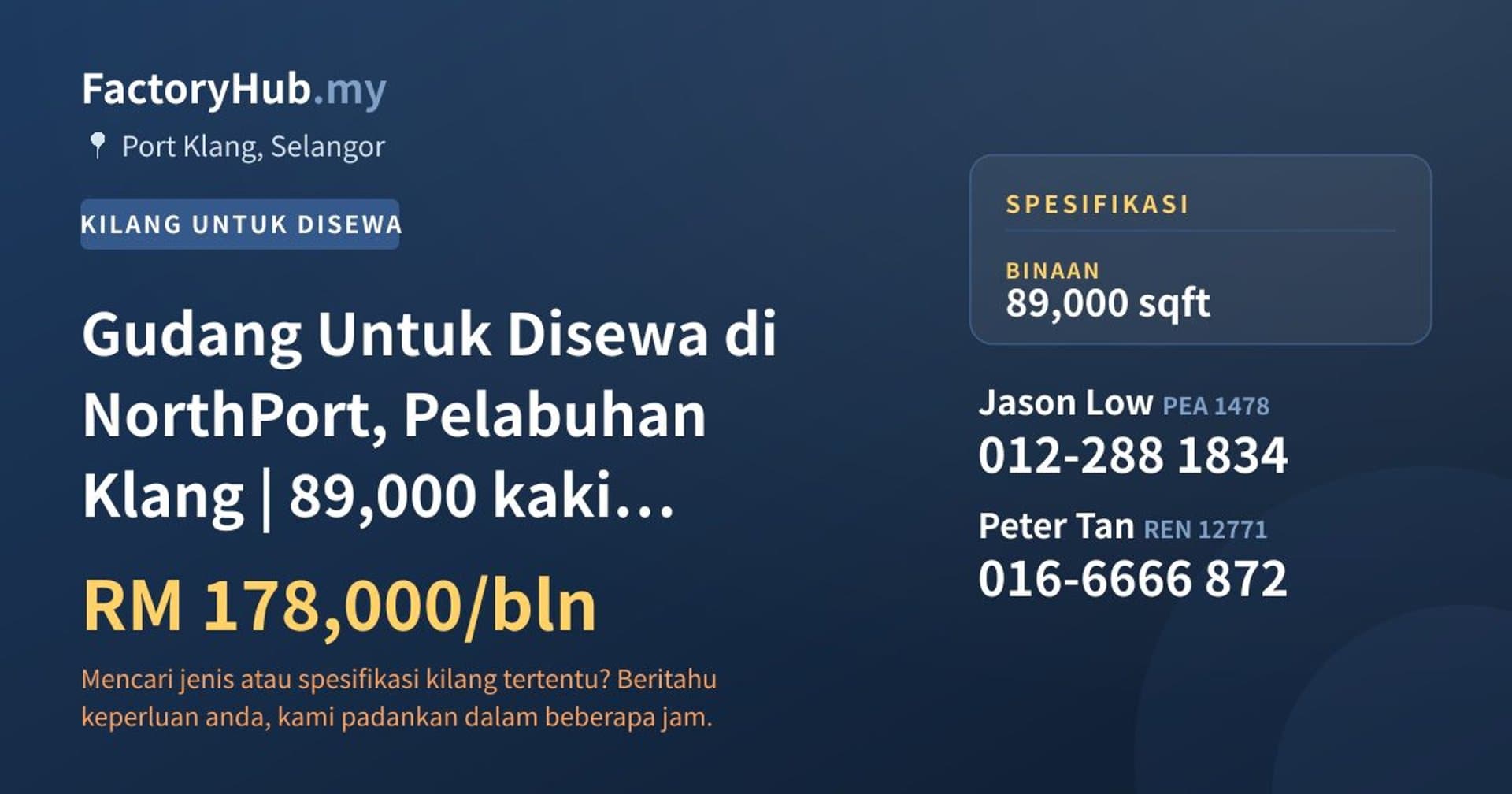 Gudang Untuk Disewa di NorthPort, Pelabuhan Klang | 89,000 kaki persegi · Imej hartanah 1/2