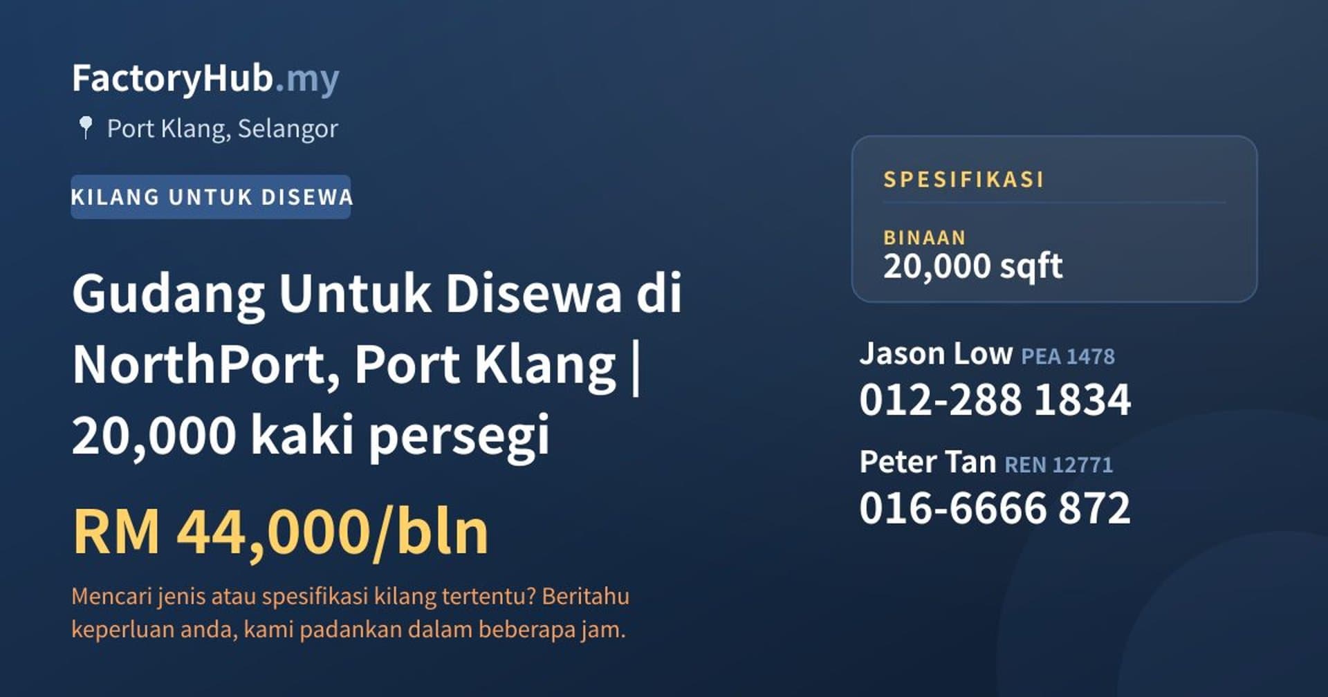 Gudang Untuk Disewa di NorthPort, Port Klang | 20,000 kaki persegi · Imej hartanah 1/2