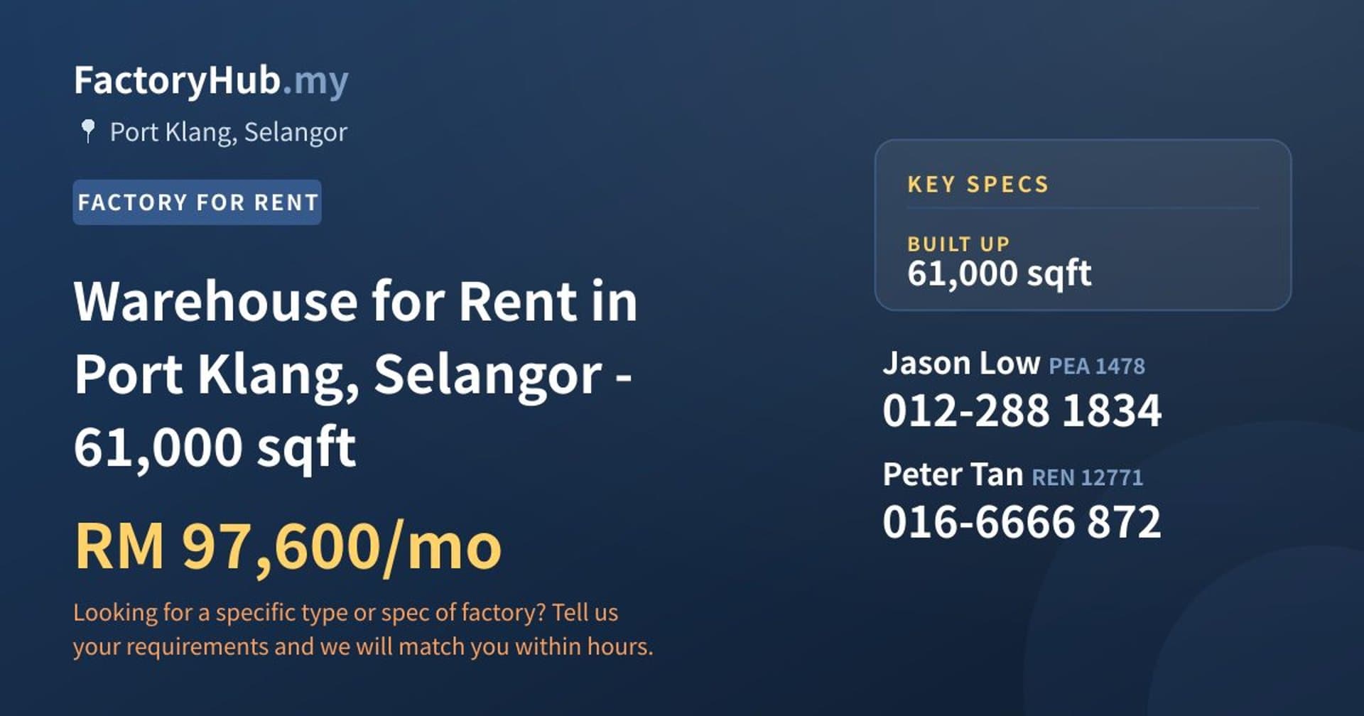 Warehouse for Rent in Port Klang, Selangor - 61,000 sqft - Property image 1 of 2