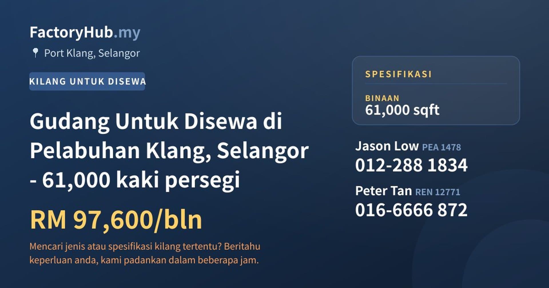 Gudang Untuk Disewa di Pelabuhan Klang, Selangor - 61,000 kaki persegi · Imej hartanah 1/2