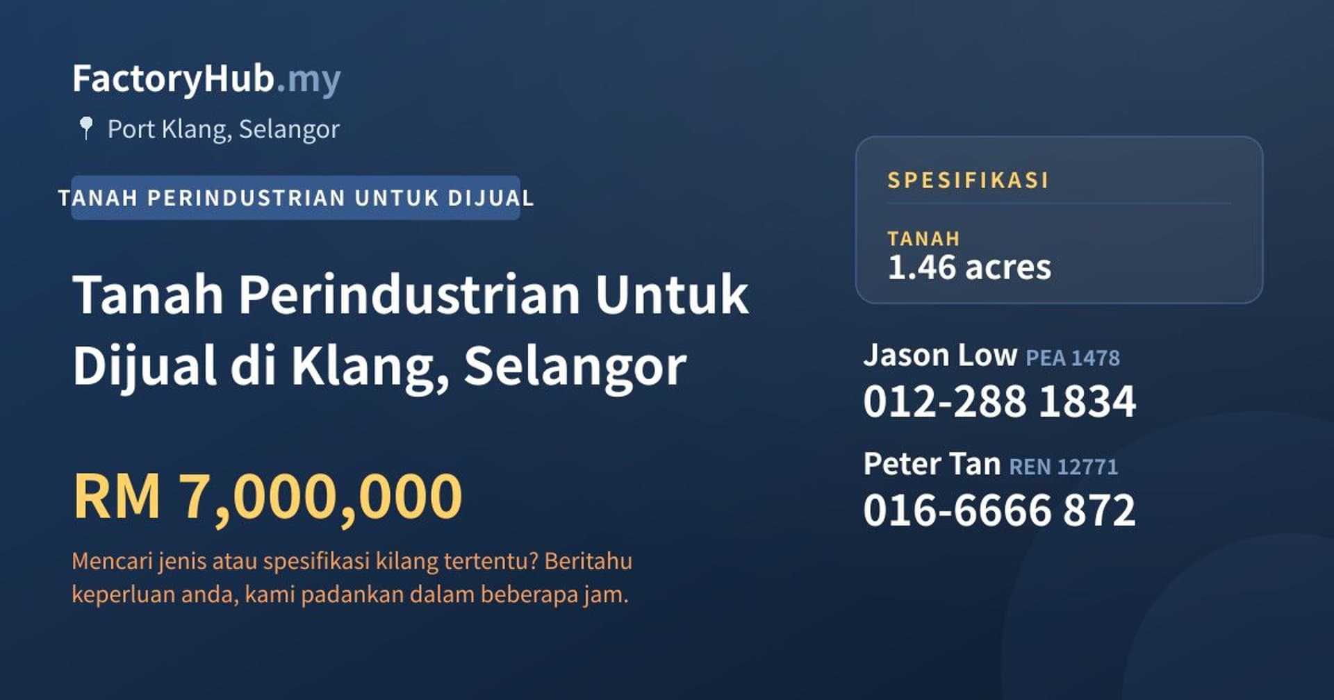 Tanah Perindustrian Untuk Dijual di Klang, Selangor · Imej hartanah 1/2
