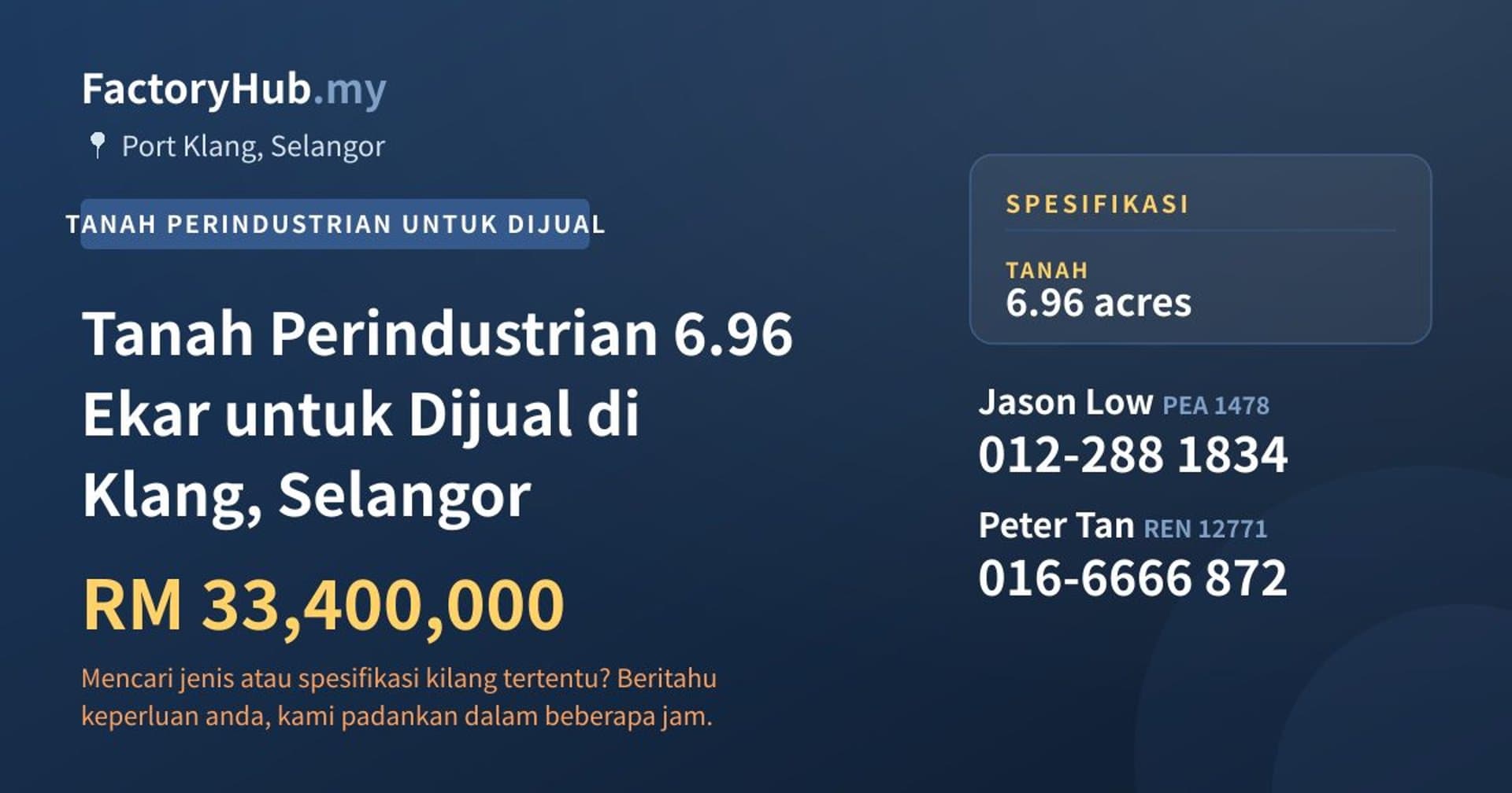 Tanah Perindustrian 6.96 Ekar untuk Dijual di Klang, Selangor · Imej hartanah 1/2