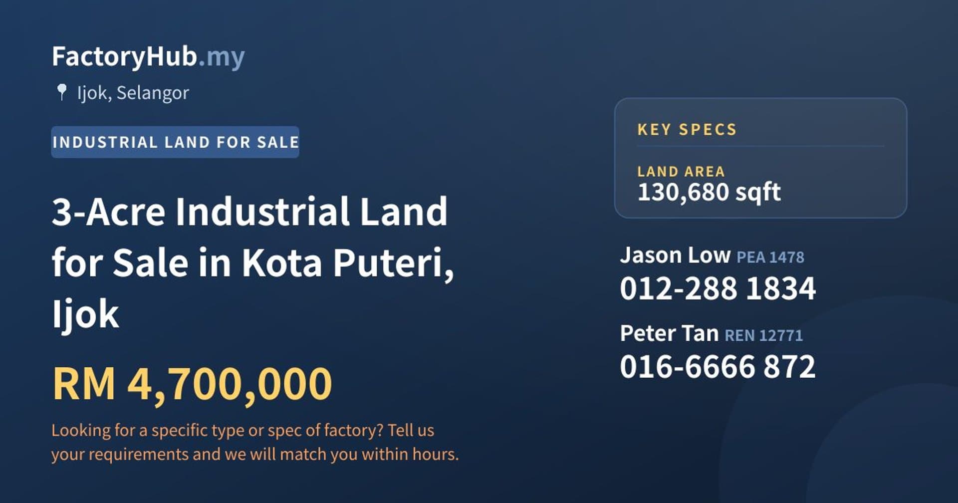 3-Acre Industrial Land for Sale in Kota Puteri, Ijok - Property image 1 of 2