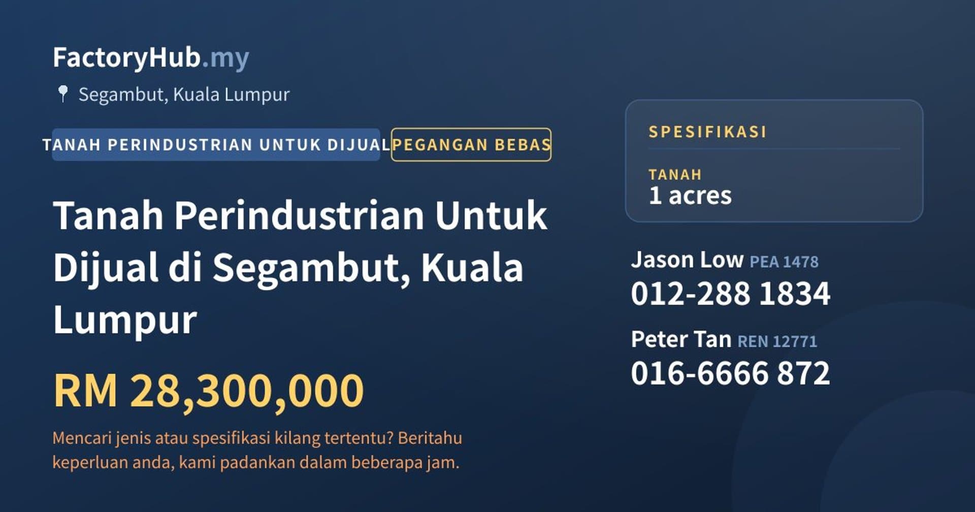 Tanah Perindustrian Untuk Dijual di Segambut, Kuala Lumpur · Imej hartanah 1/2