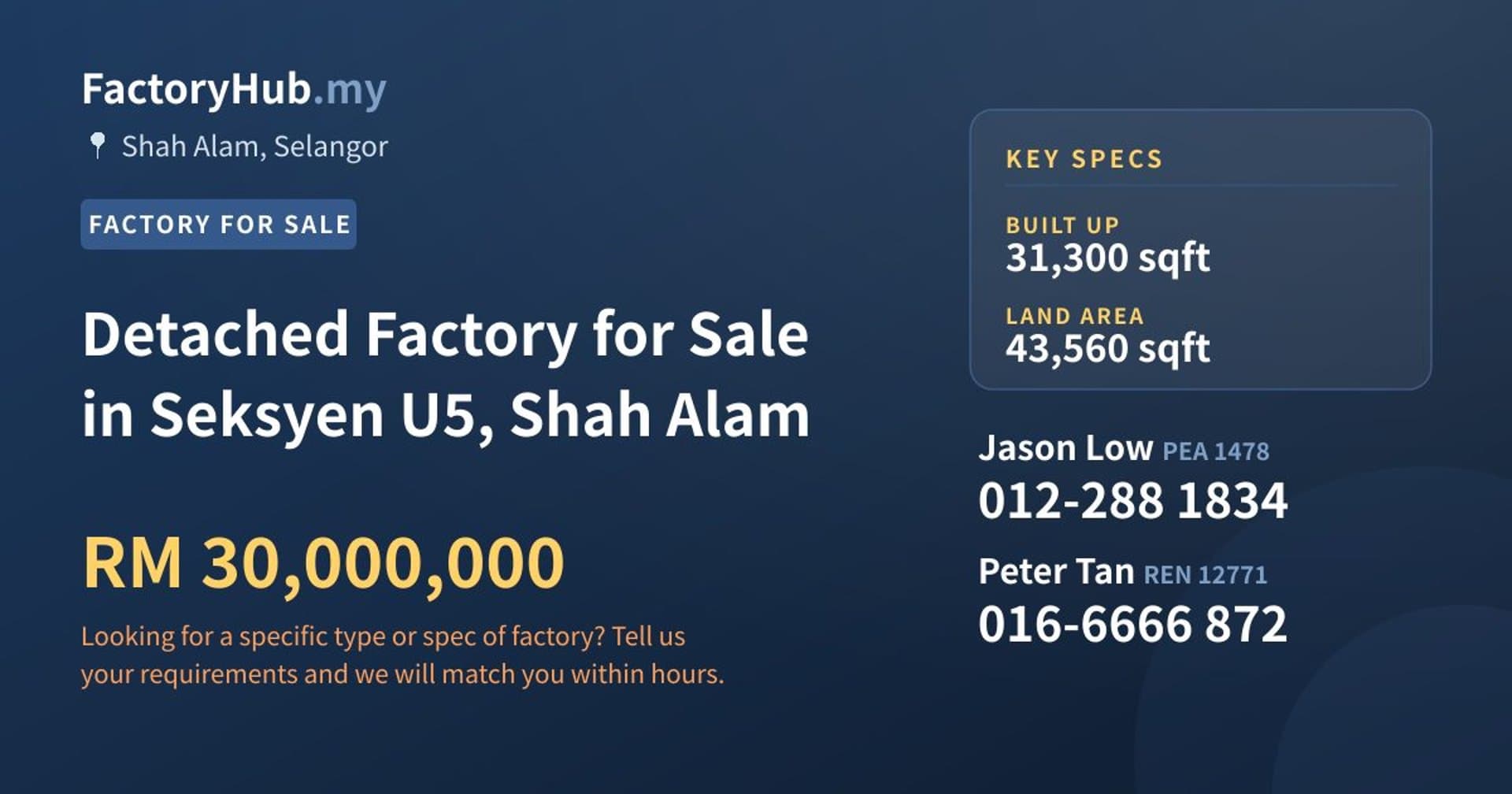 Detached Factory for Sale in Seksyen U5, Shah Alam - Property image 1 of 2