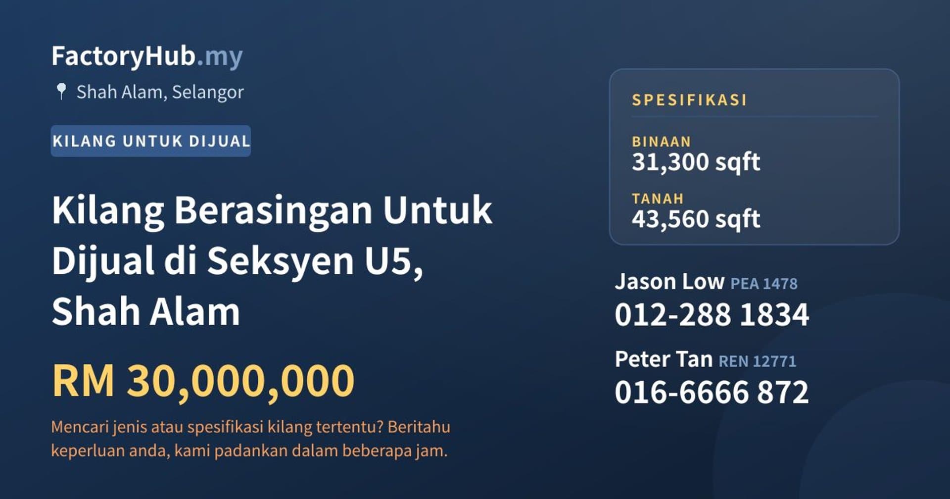 Kilang Berasingan Untuk Dijual di Seksyen U5, Shah Alam · Imej hartanah 1/2