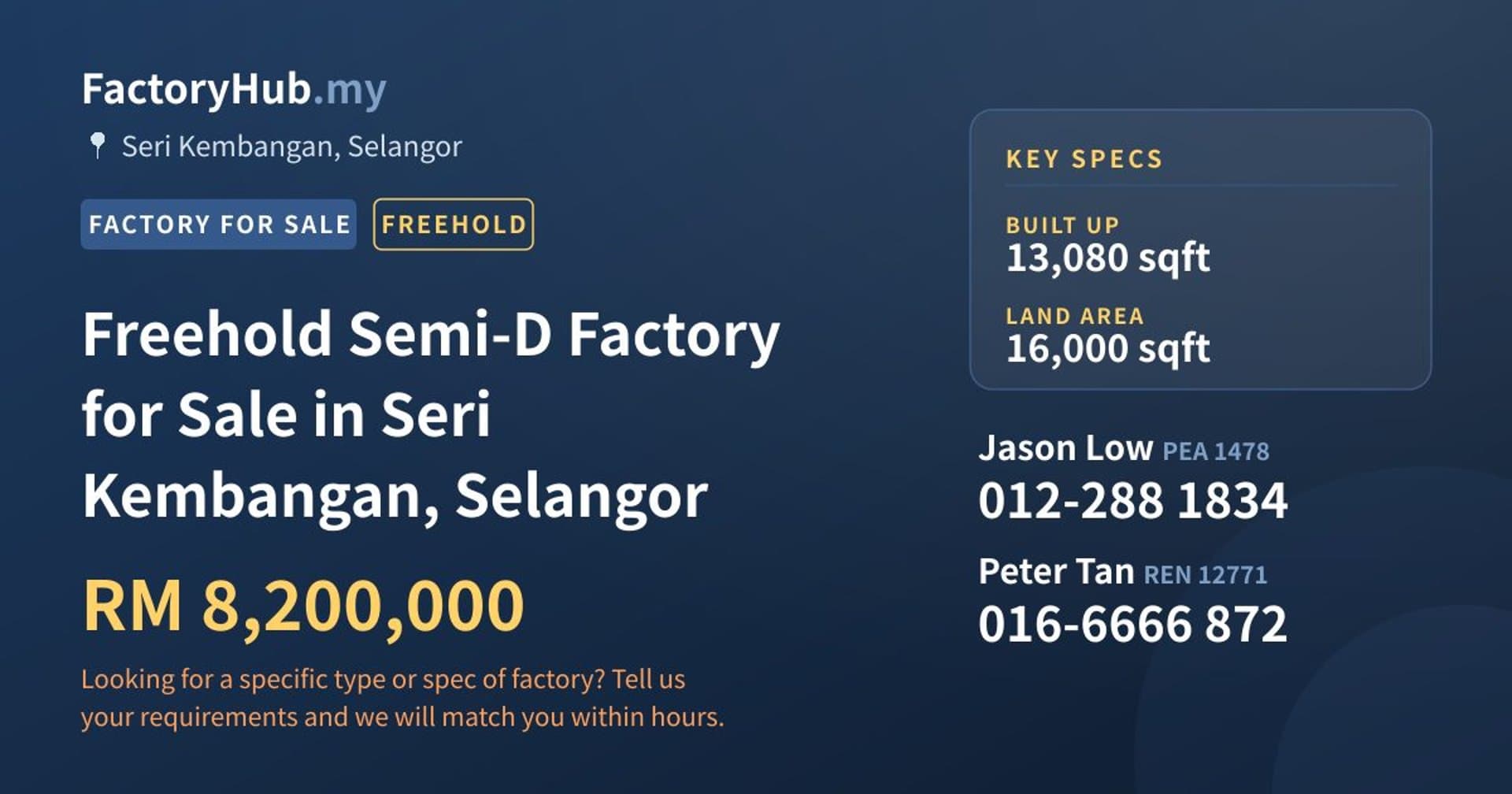 Freehold Semi-D Factory for Sale in Seri Kembangan, Selangor - Property image 1 of 2
