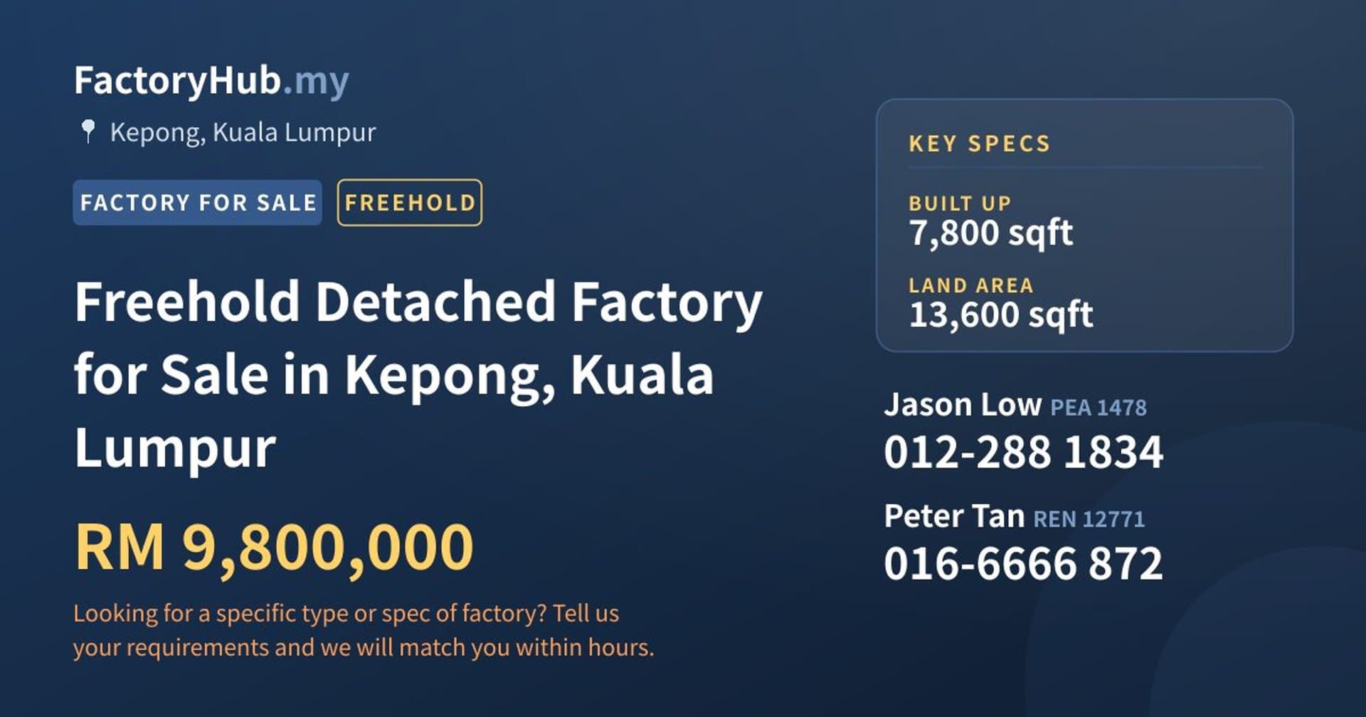 Freehold Detached Factory for Sale in Kepong, Kuala Lumpur - Property image 1 of 2