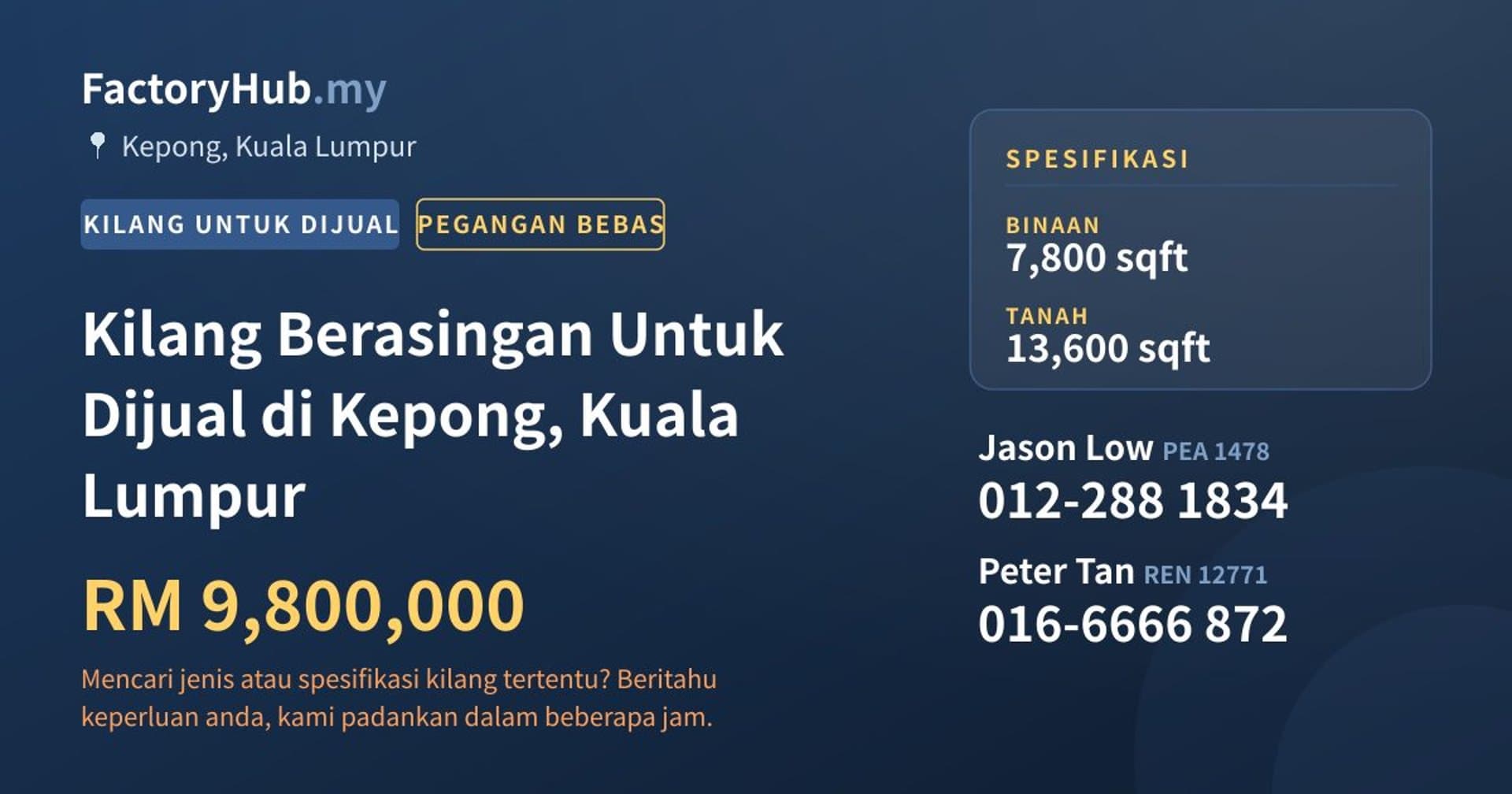 Kilang Berasingan Untuk Dijual di Kepong, Kuala Lumpur · Imej hartanah 1/2