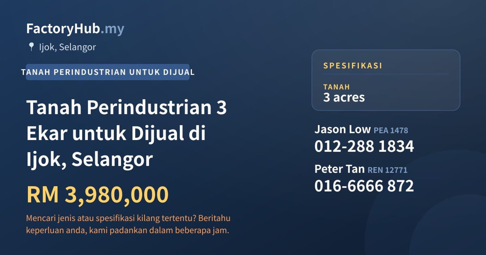Tanah Perindustrian 3 Ekar untuk Dijual di Ijok, Selangor · Imej hartanah 1/2