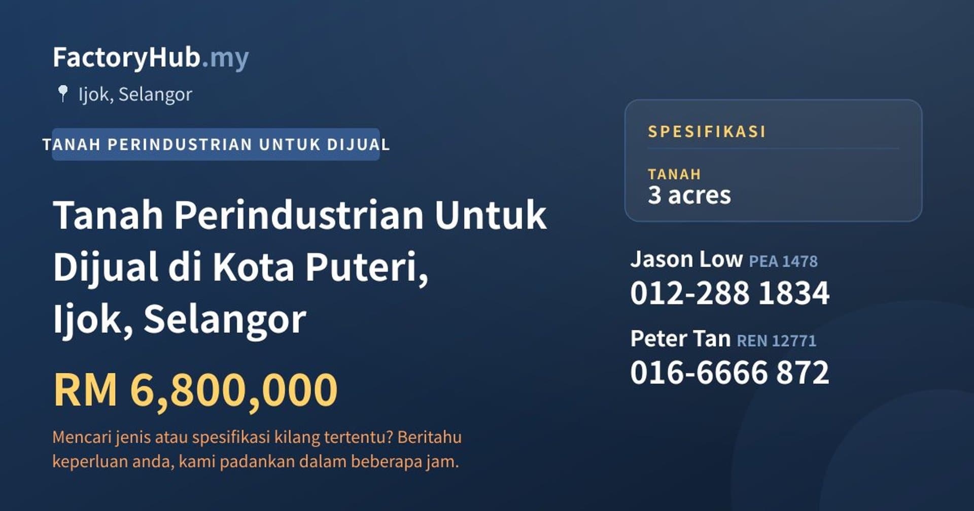 Tanah Perindustrian Untuk Dijual di Kota Puteri, Ijok, Selangor · Imej hartanah 1/2