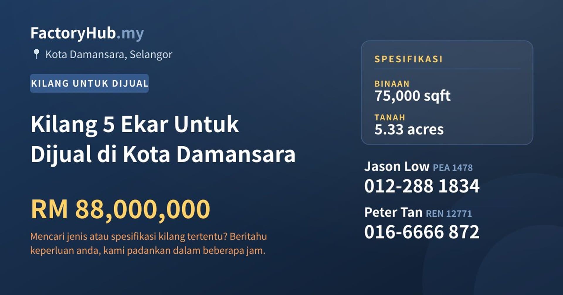 Kilang 5 Ekar Untuk Dijual di Kota Damansara · Imej hartanah 1/2