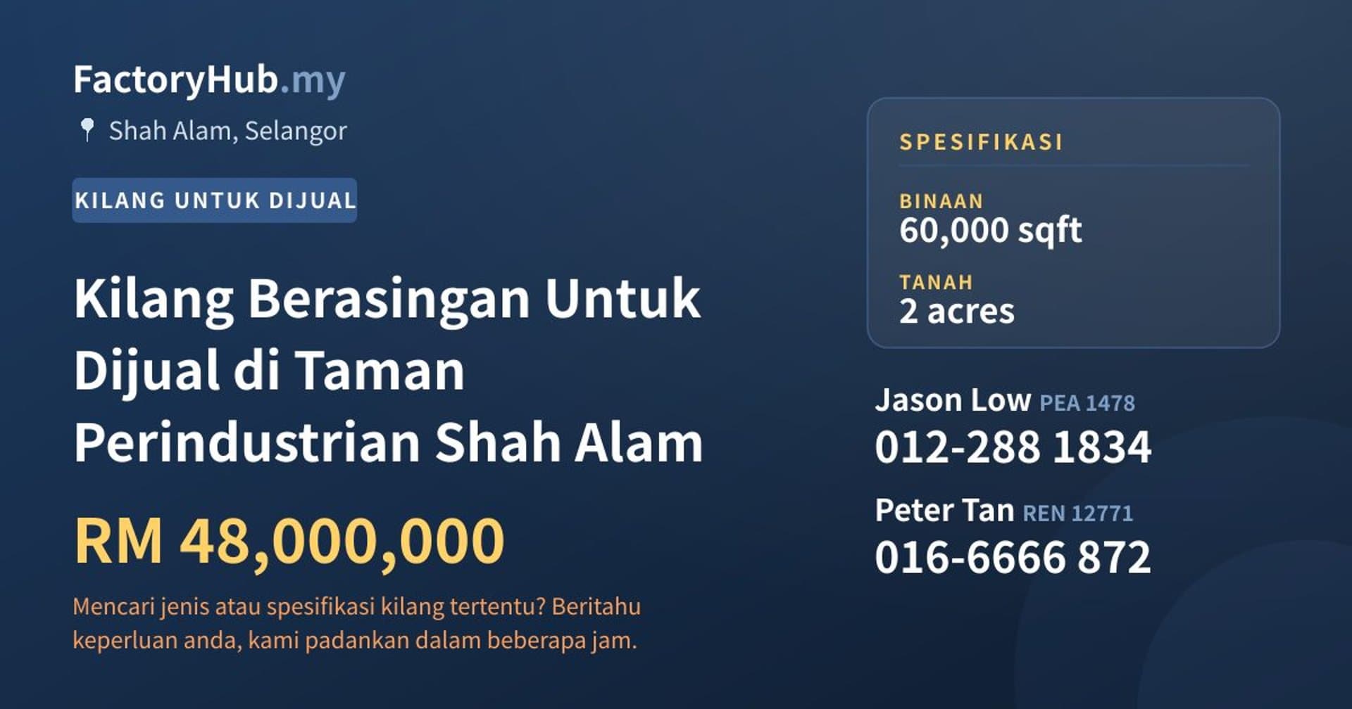 Kilang Berasingan Untuk Dijual di Taman Perindustrian Shah Alam · Imej hartanah 1/2