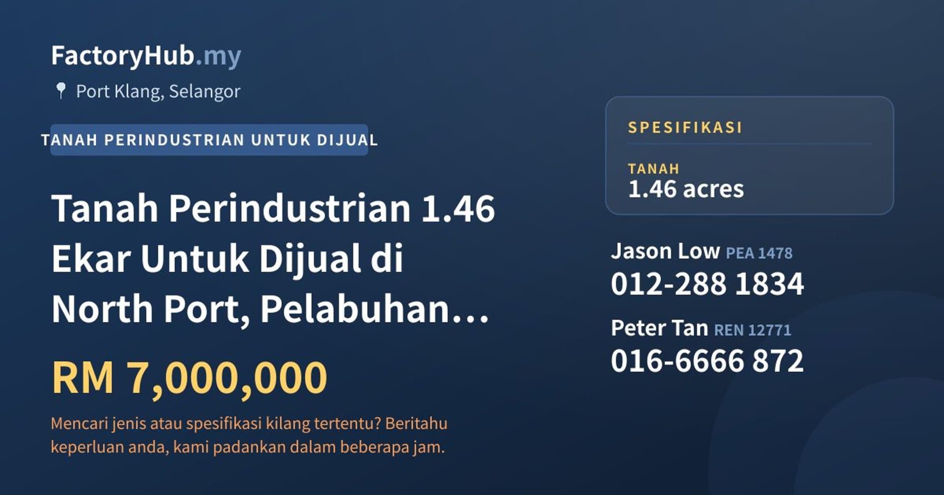 Tanah Perindustrian 1.46 Ekar Untuk Dijual di North Port, Pelabuhan Klang · Imej hartanah 1/2