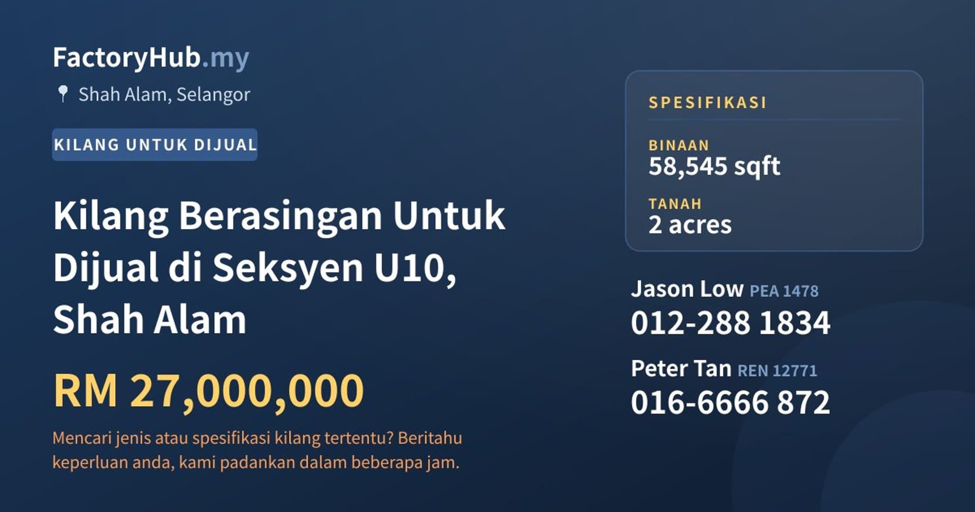 Kilang Berasingan Untuk Dijual di Seksyen U10, Shah Alam · Imej hartanah 1/2